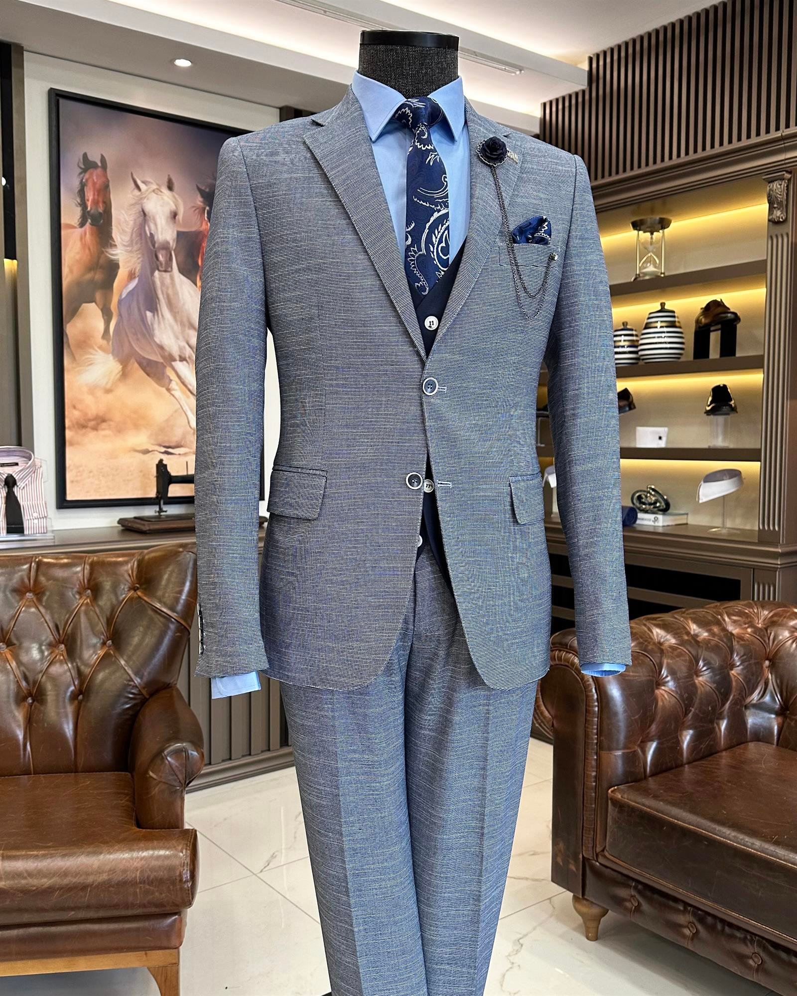 Italian style slim fit wool blended jacket vest pant suit navy blue T9360