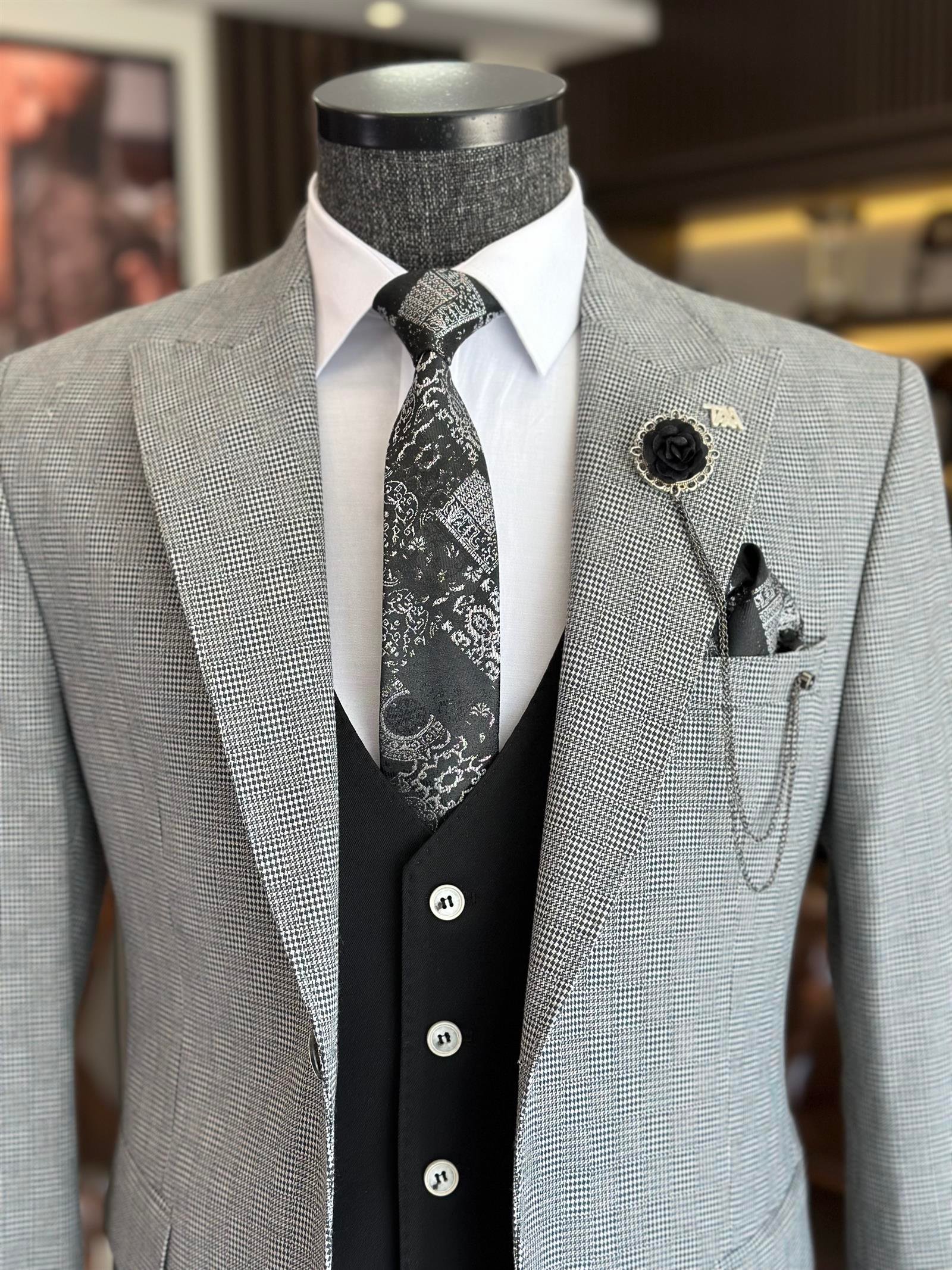 Italian style slim fit wool blended jacket vest pant suit black T9854