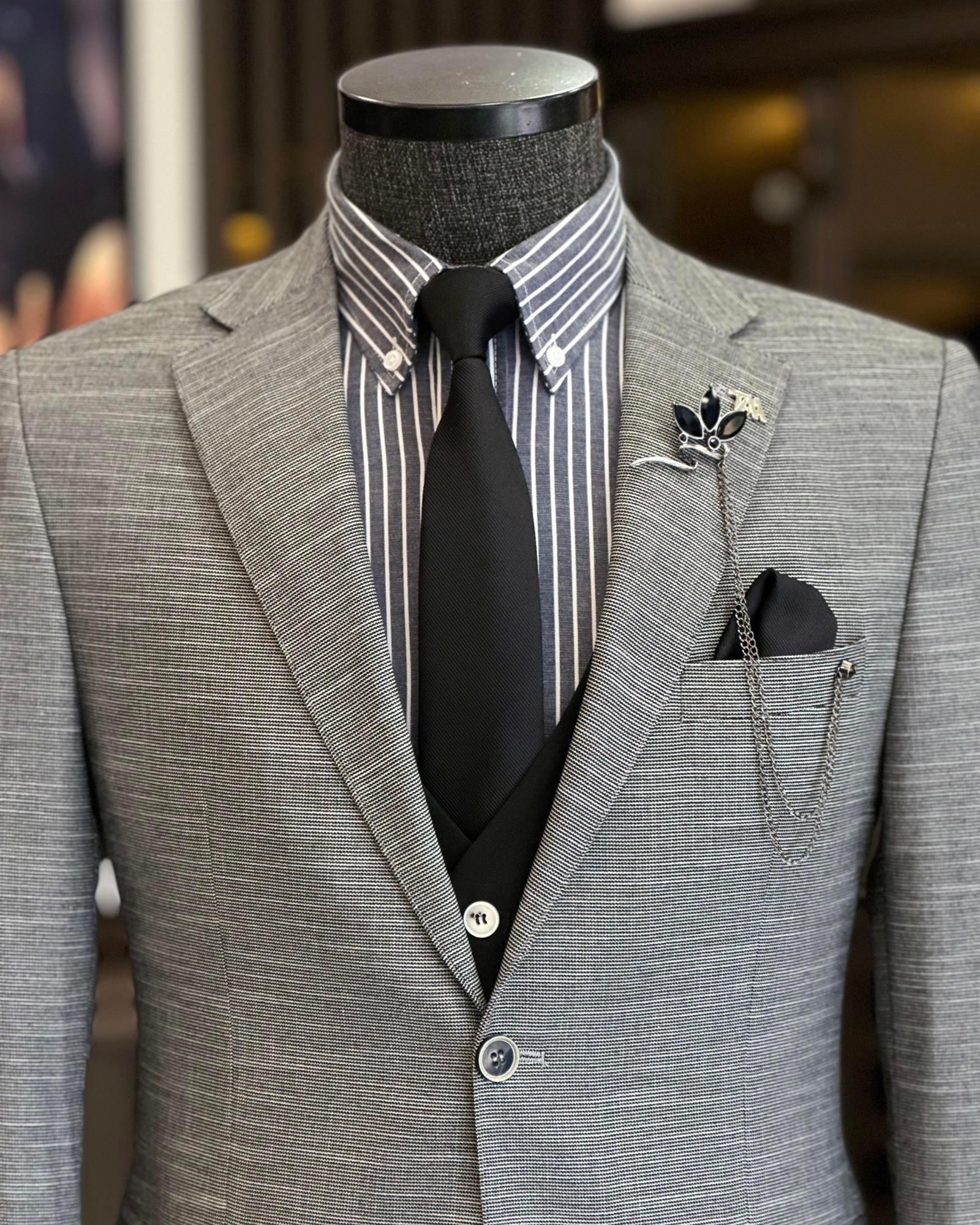 Italian style slim fit wool blended jacket vest pant suit black T9361