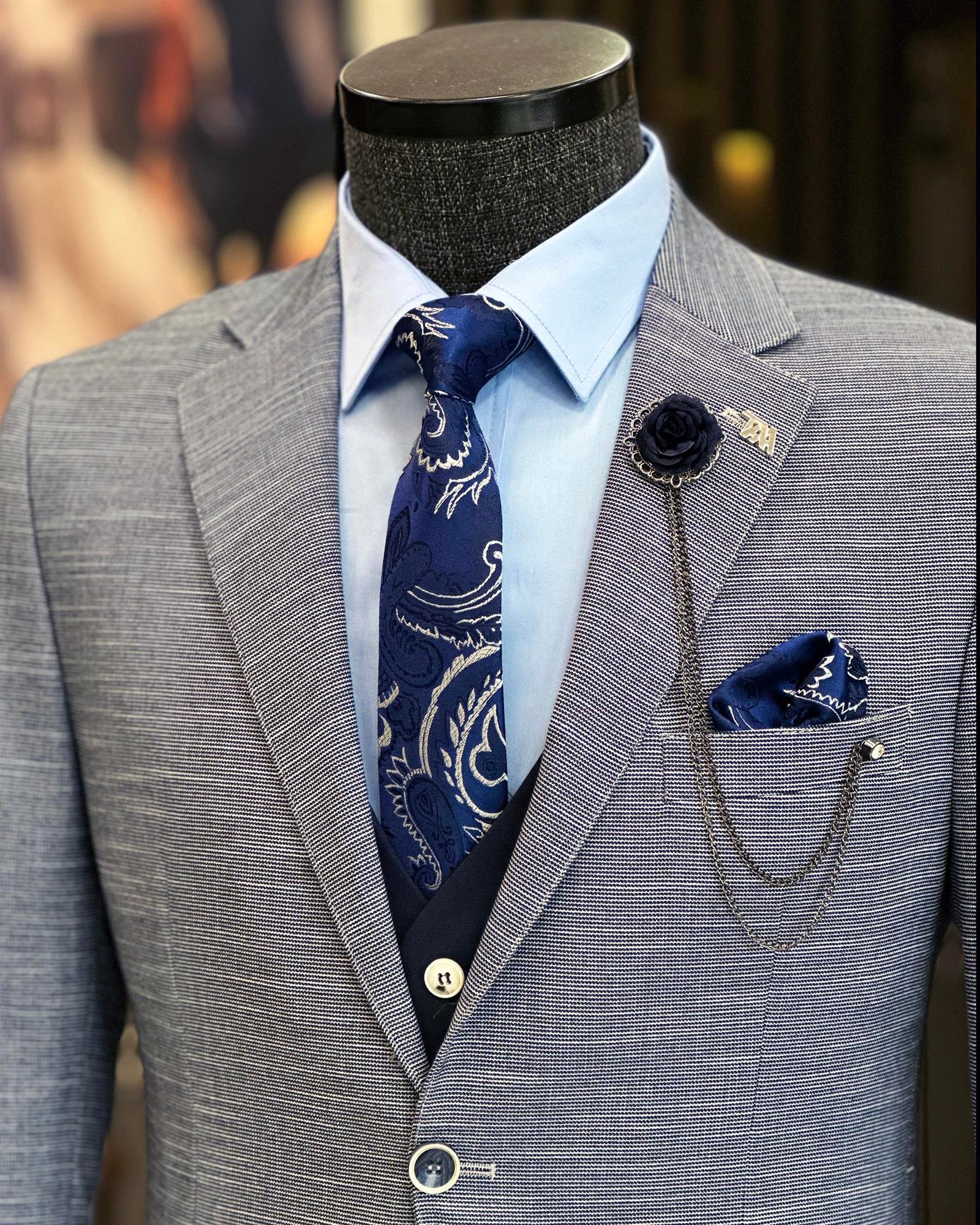 Italian style slim fit wool blended jacket vest pant suit navy blue T9360