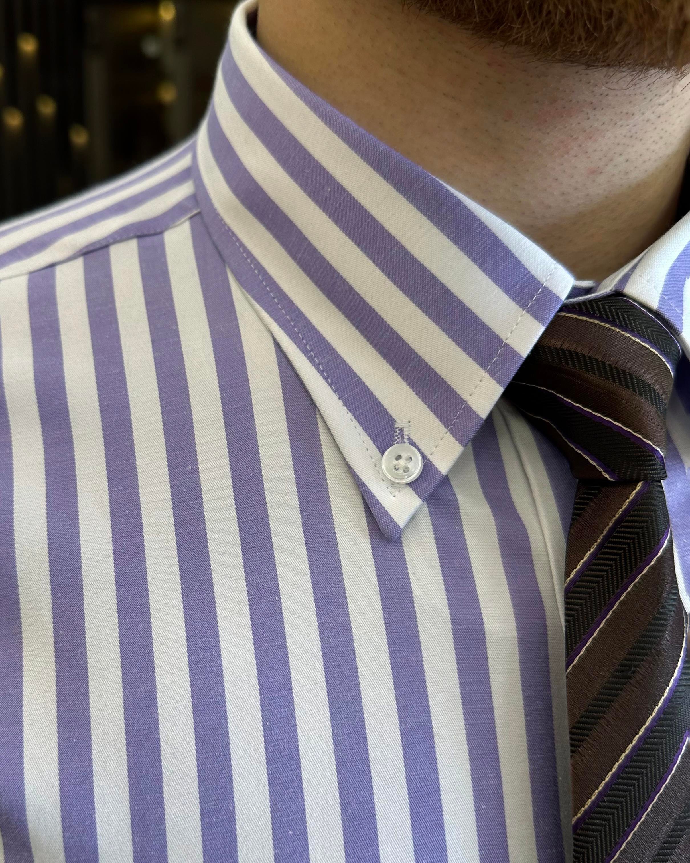 Italian style striped button collar lycra men's shirt purple T11134