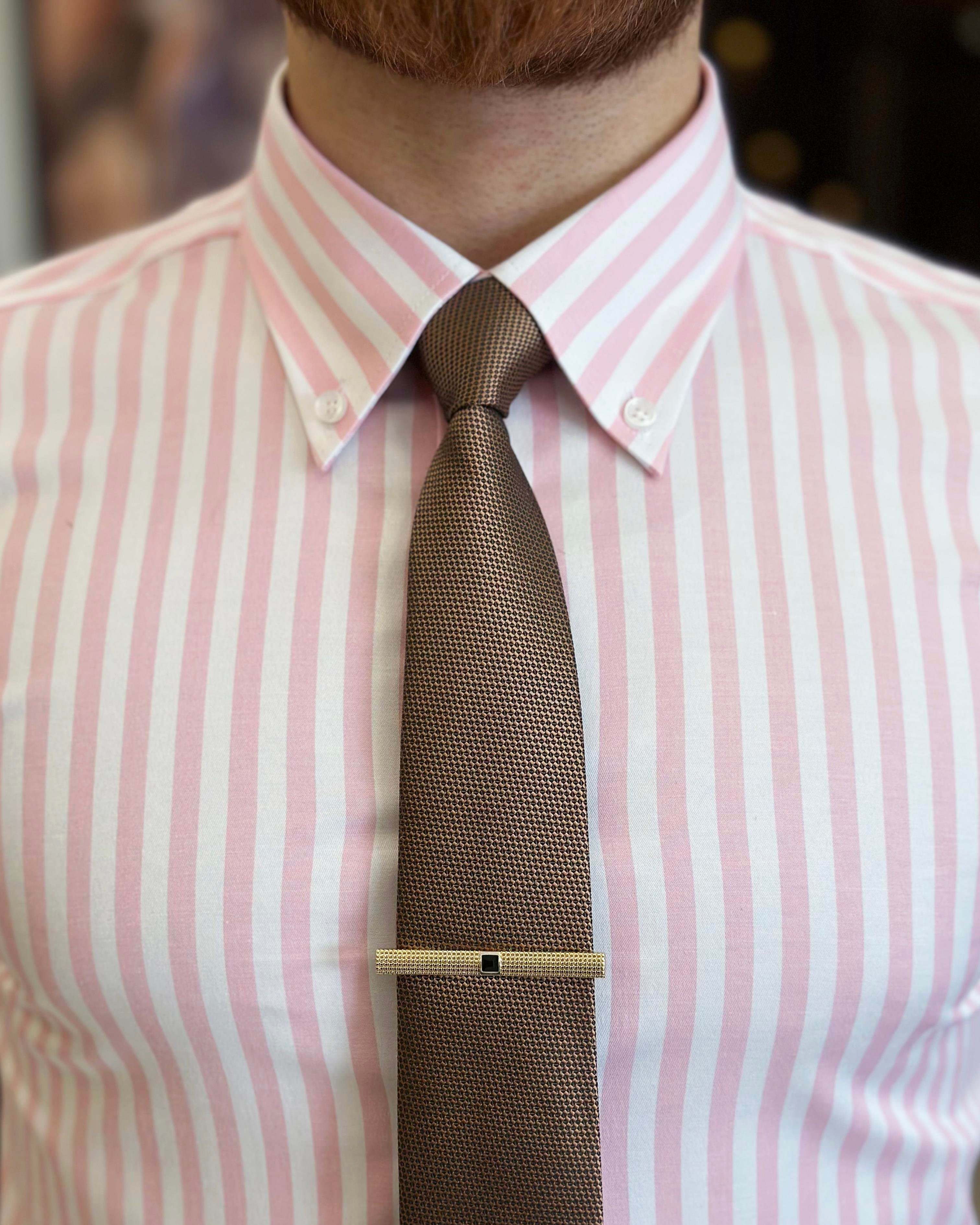 Italian style striped button collar lycra men's shirt pink T11133