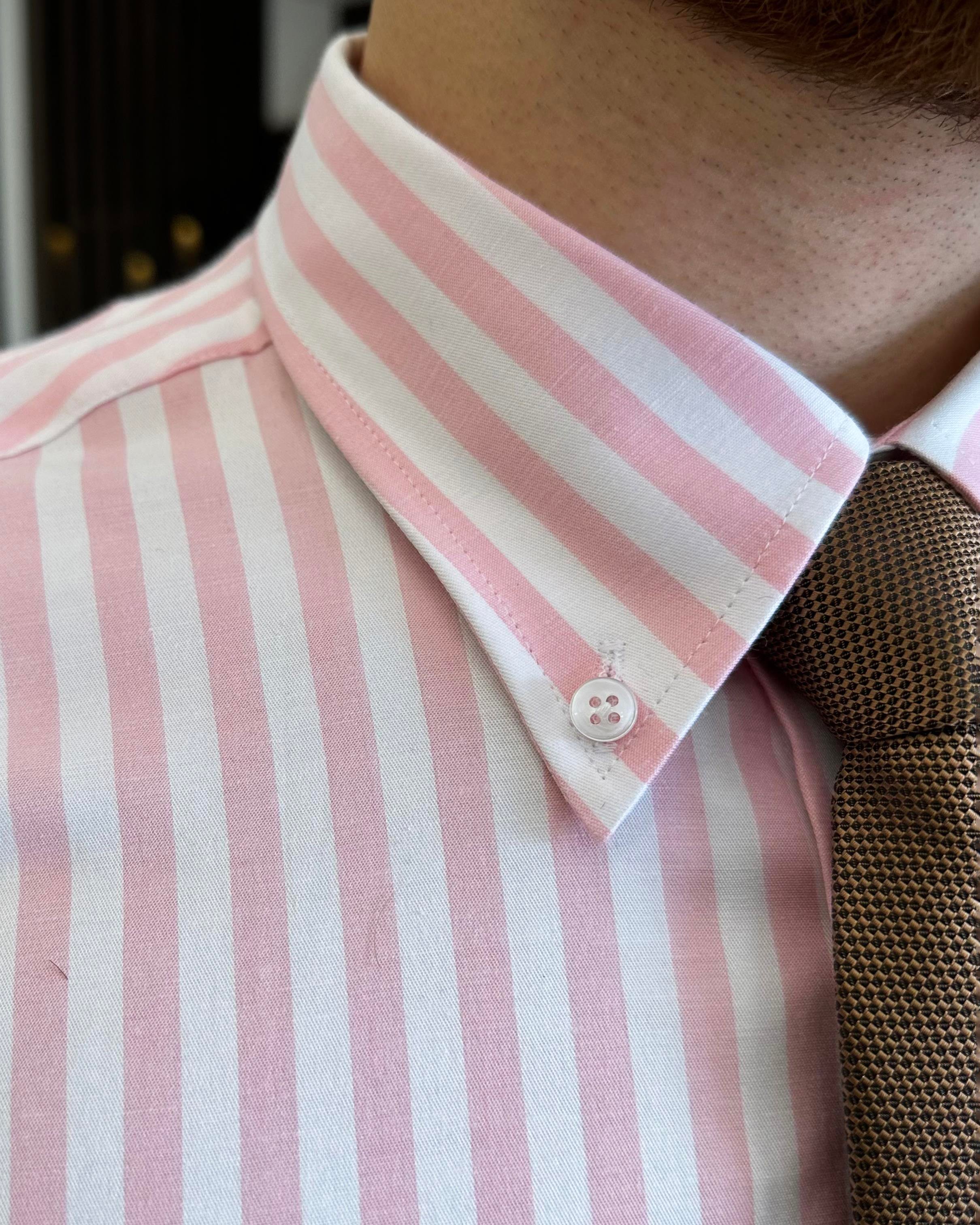 Italian style striped button collar lycra men's shirt pink T11133
