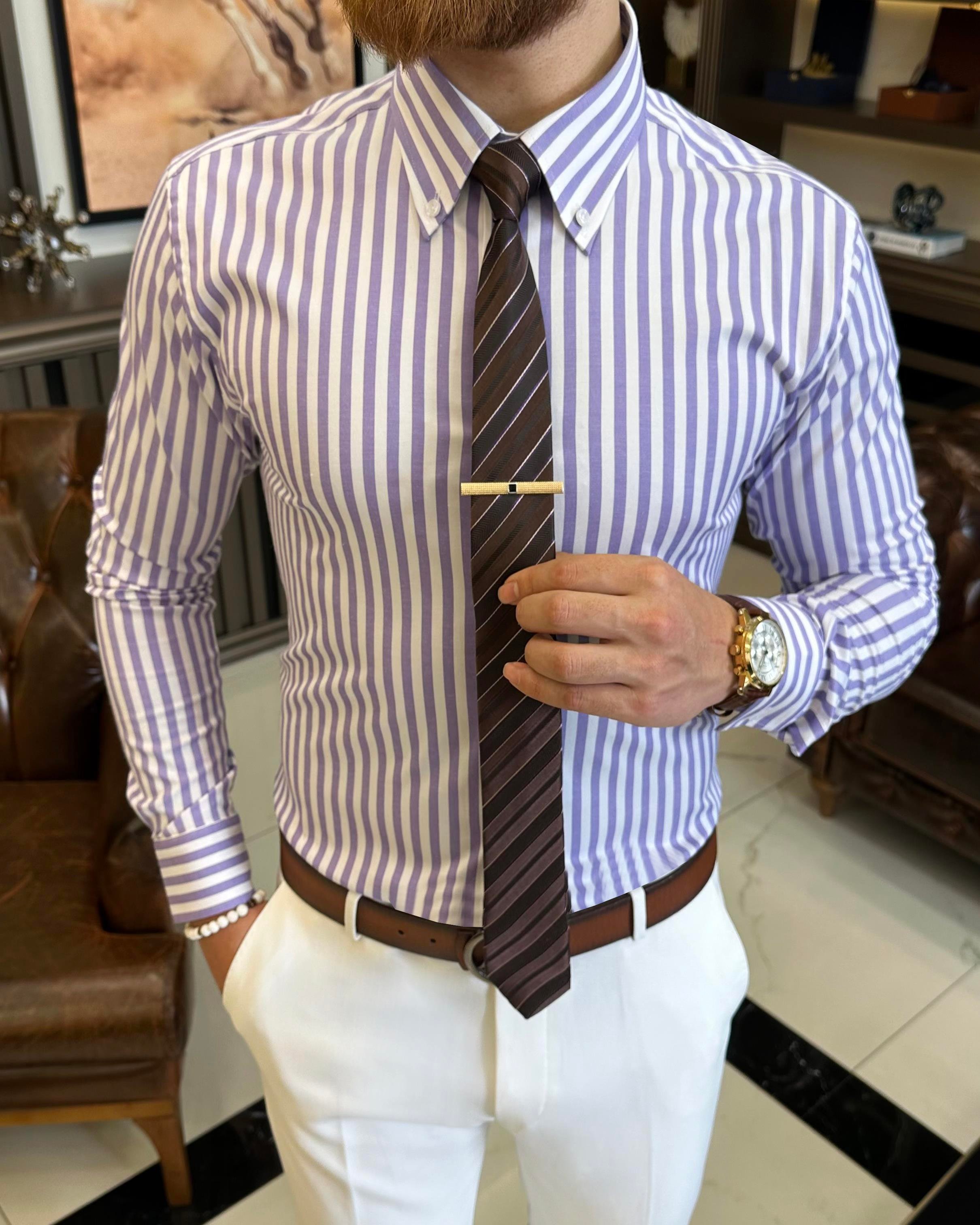 Italian style striped button collar lycra men's shirt purple T11134