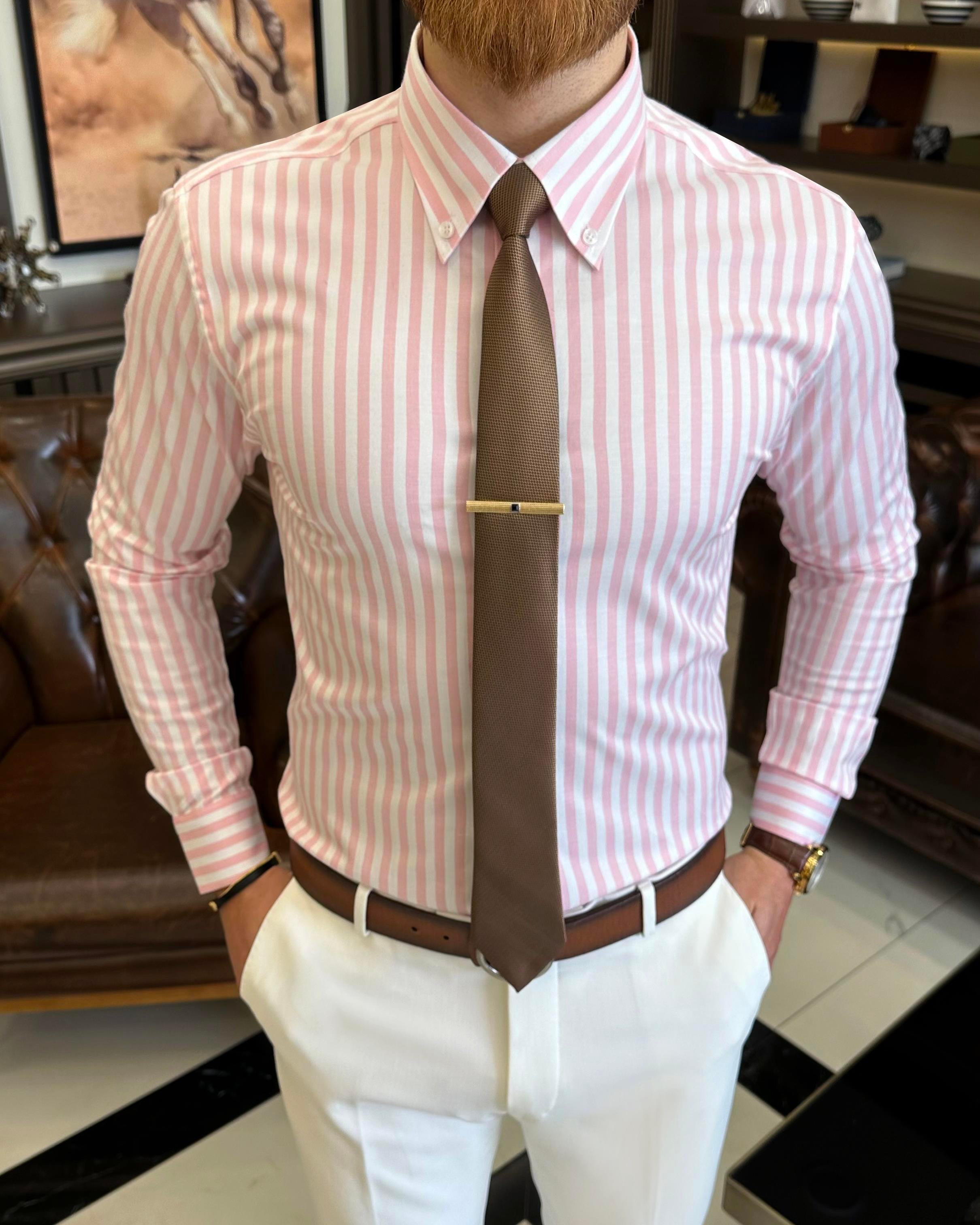 Italian style striped button collar lycra men's shirt pink T11133