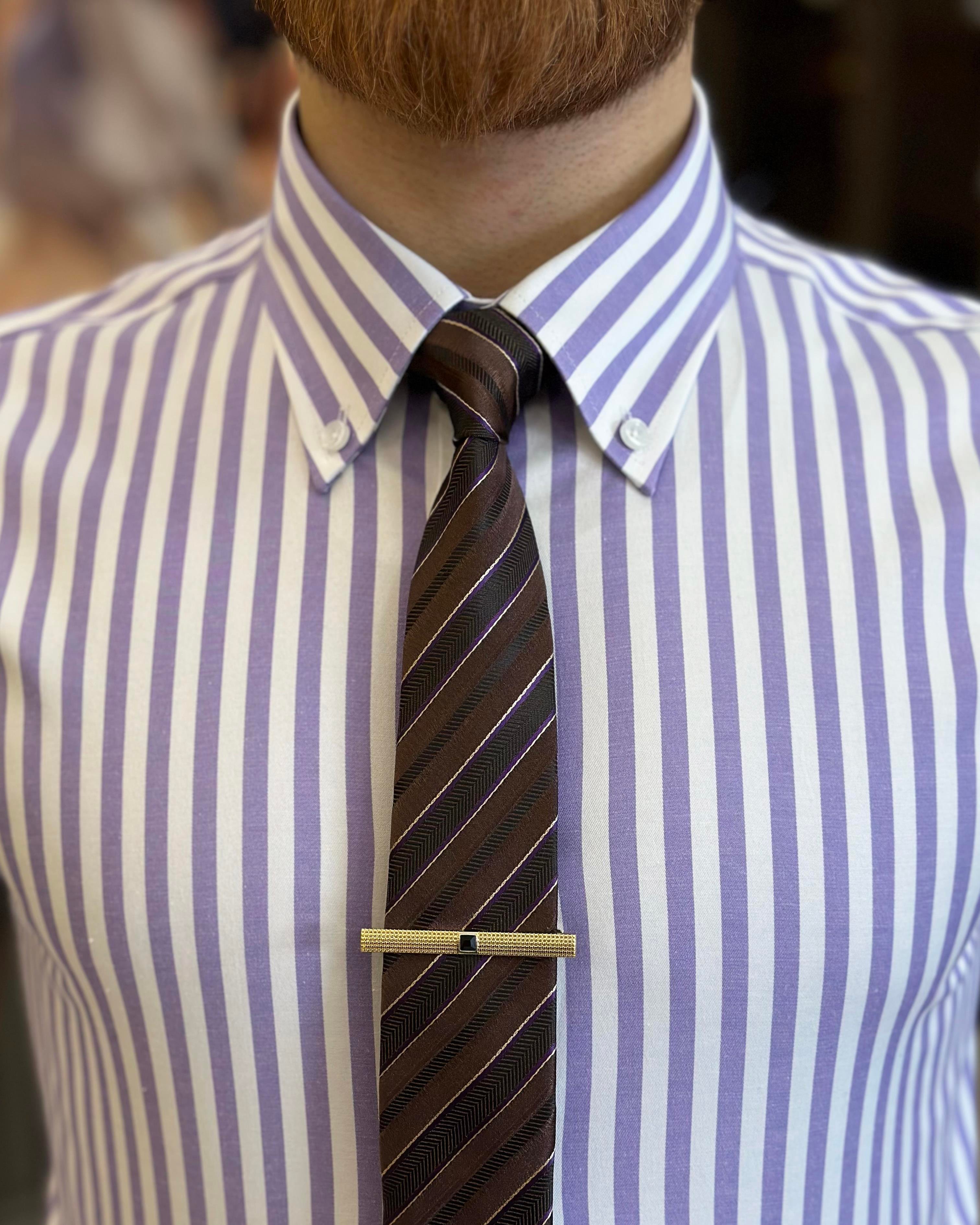 Italian style striped button collar lycra men's shirt purple T11134