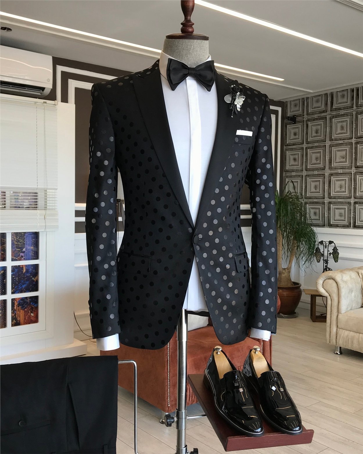 İtalyan kesim ceket yelek pantolon damatlık set benekli siyah T6154