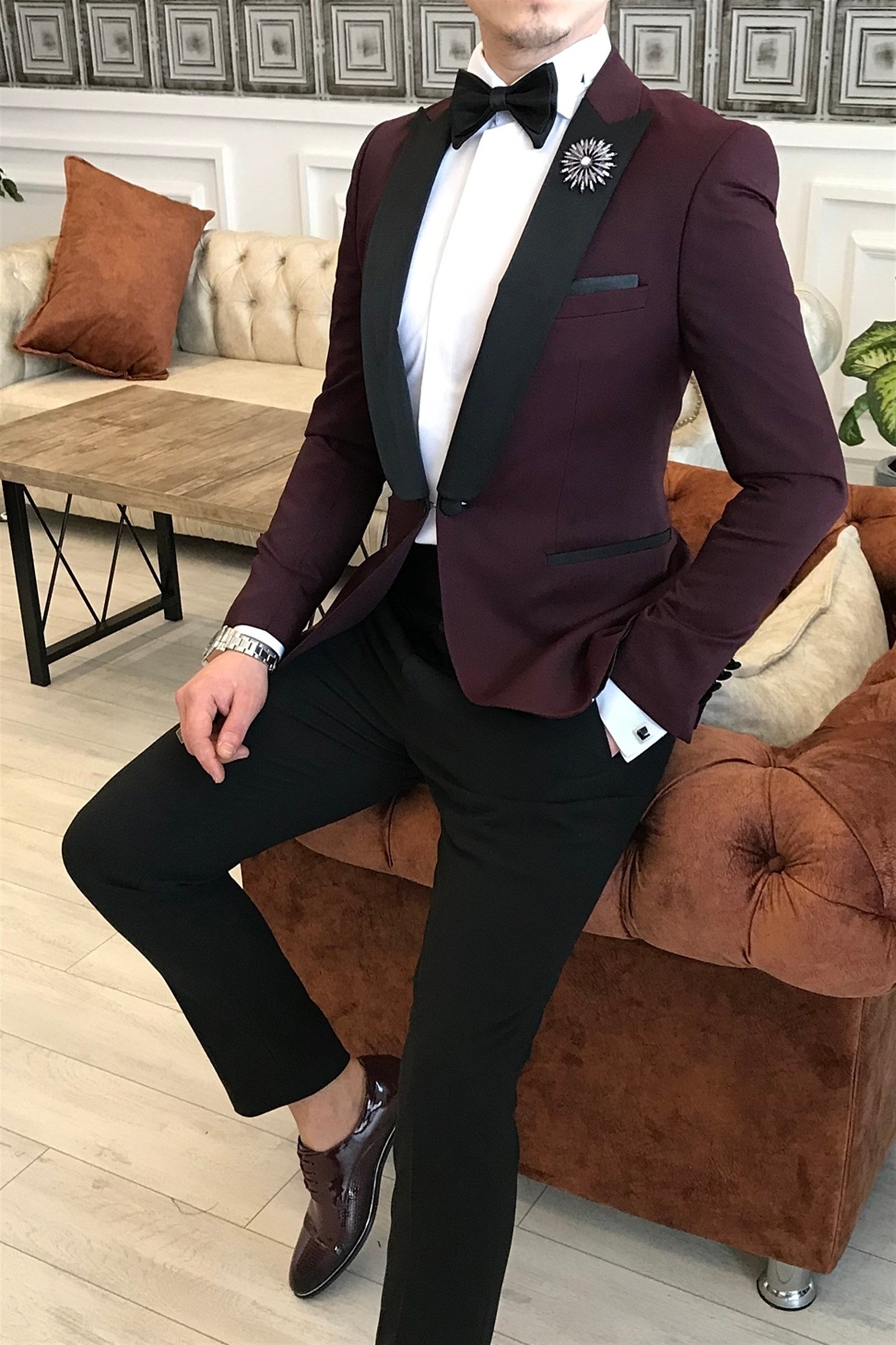 İtalyan kesim ceket pantolon gömlek bordo damatlık set T3563