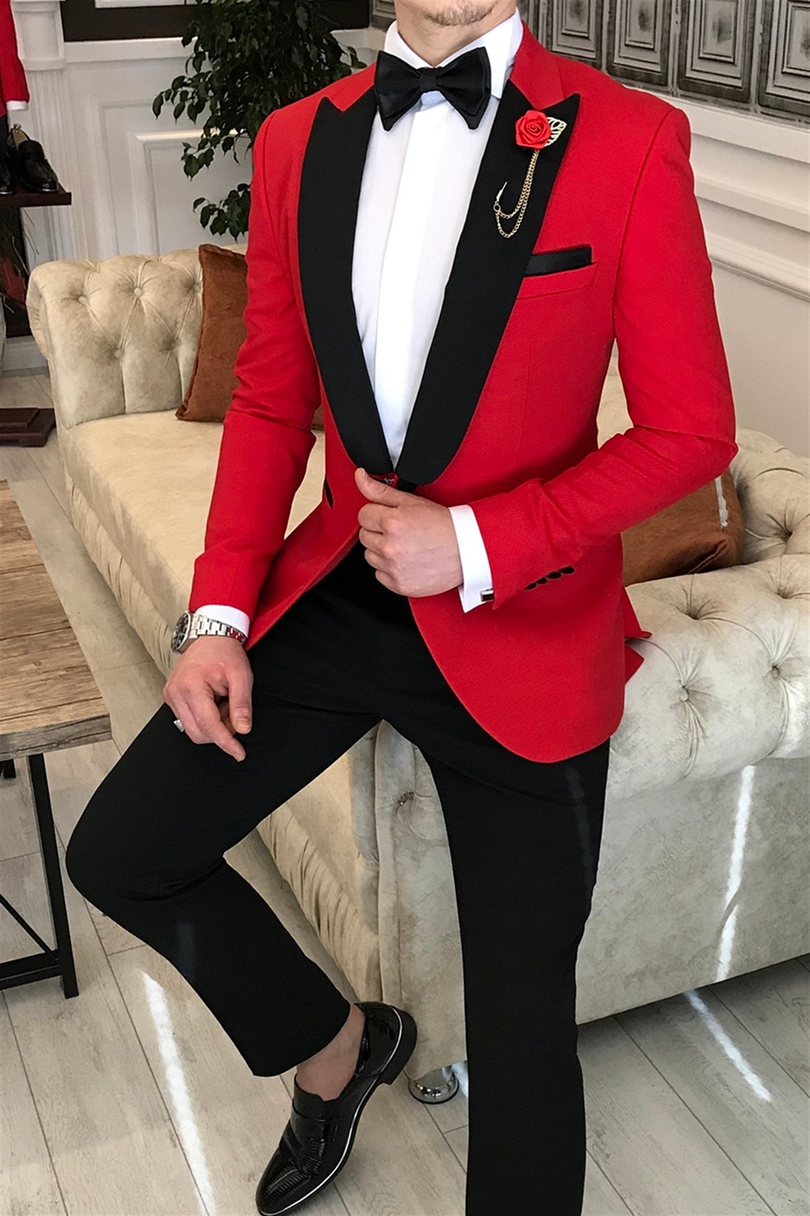 İtalyan kesim ceket pantolon gömlek kırmızı damatlık set T3561