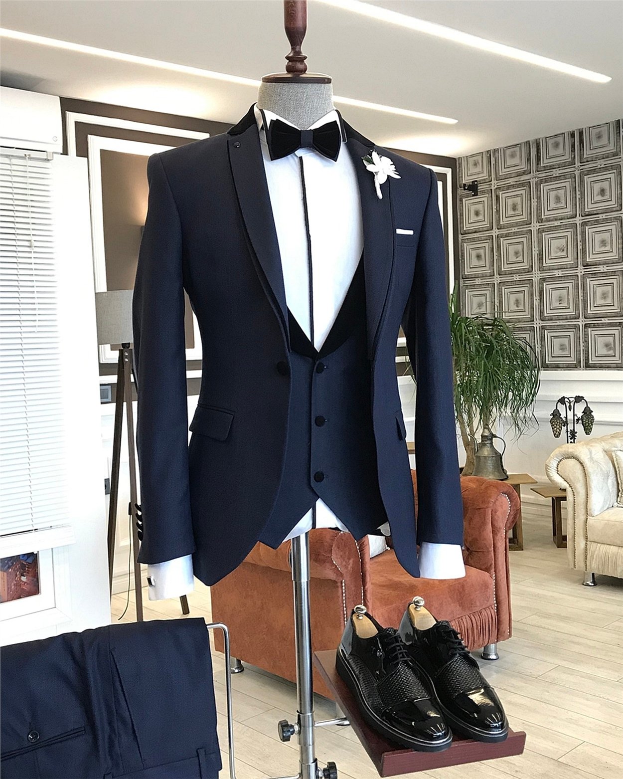İtalyan kesim ceket yelek pantolon armürlü damatlık set Lacivert T4548
