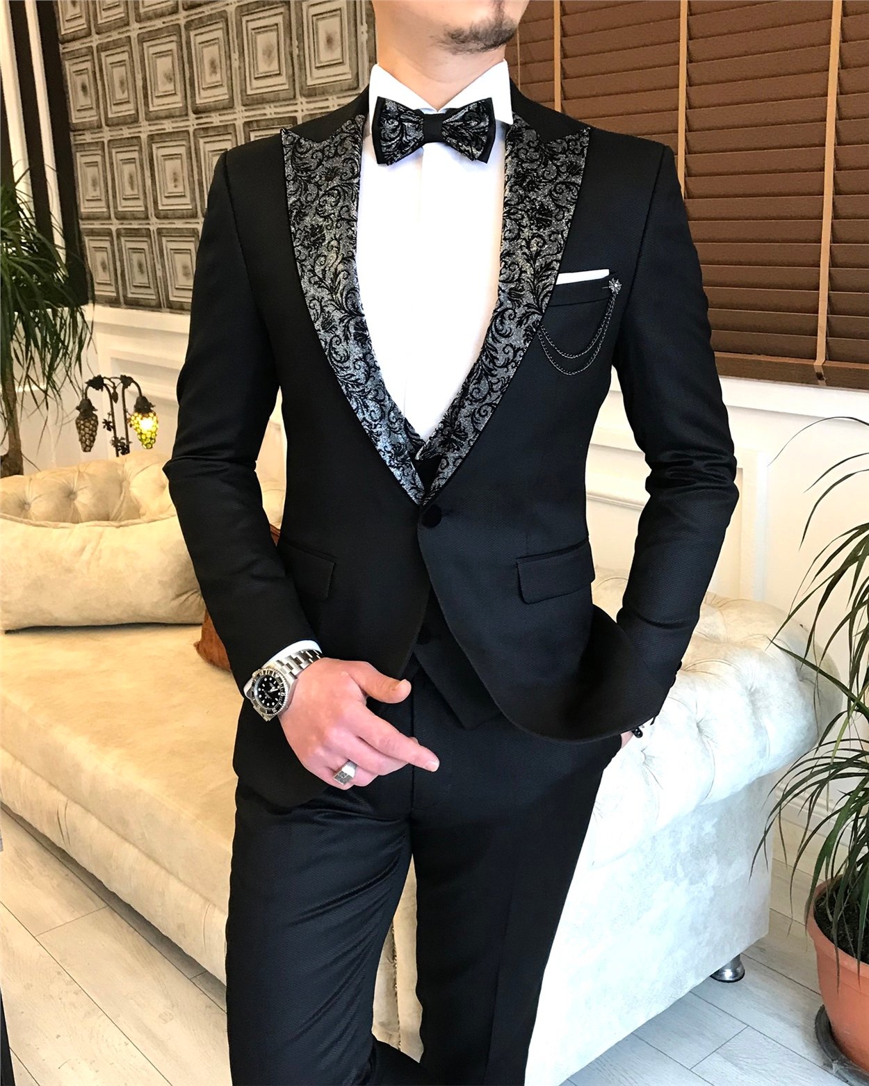 İtalyan kesim ceket yelek pantolon armürlü damatlık Siyah T4856