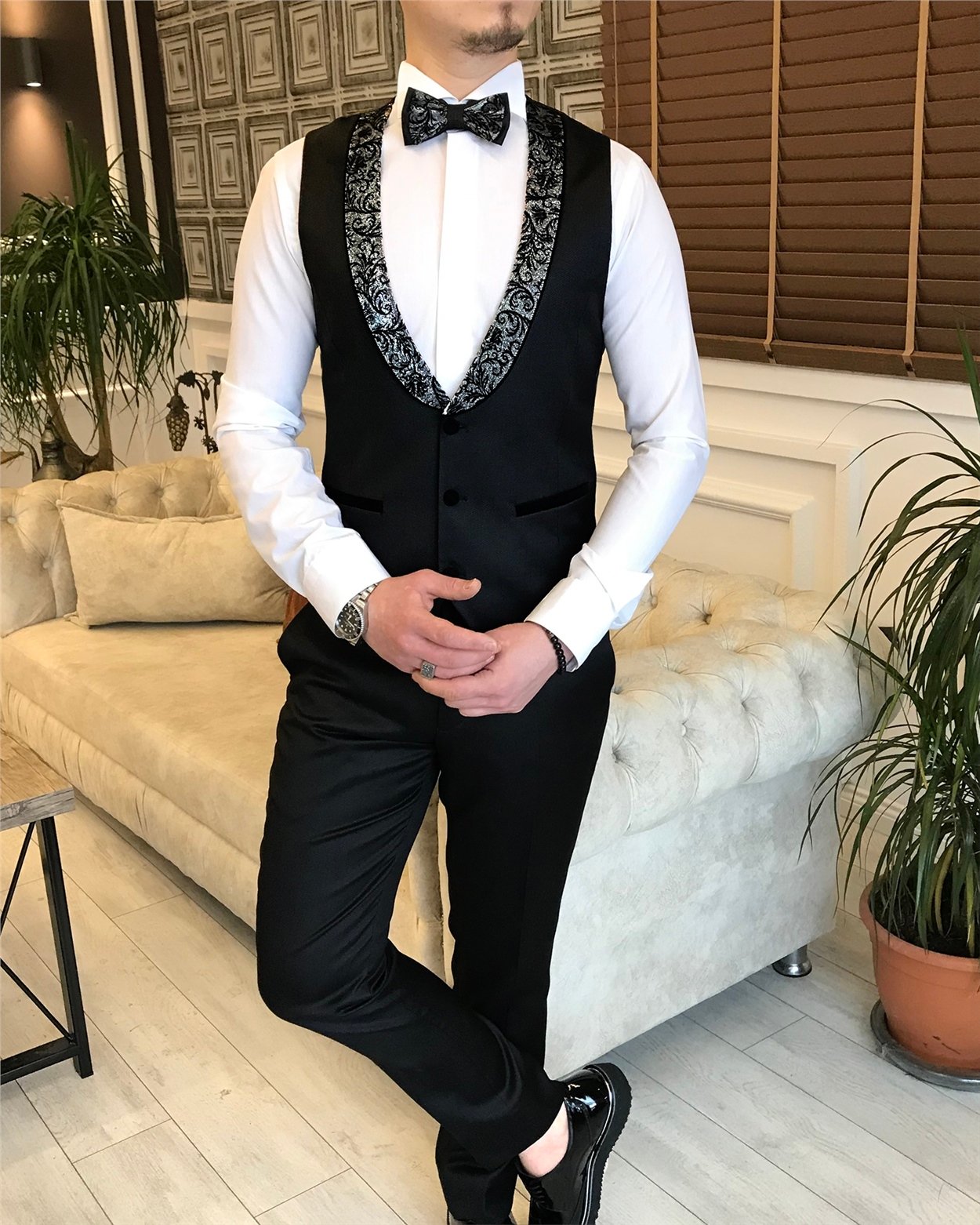 İtalyan kesim ceket yelek pantolon armürlü damatlık Siyah T4856