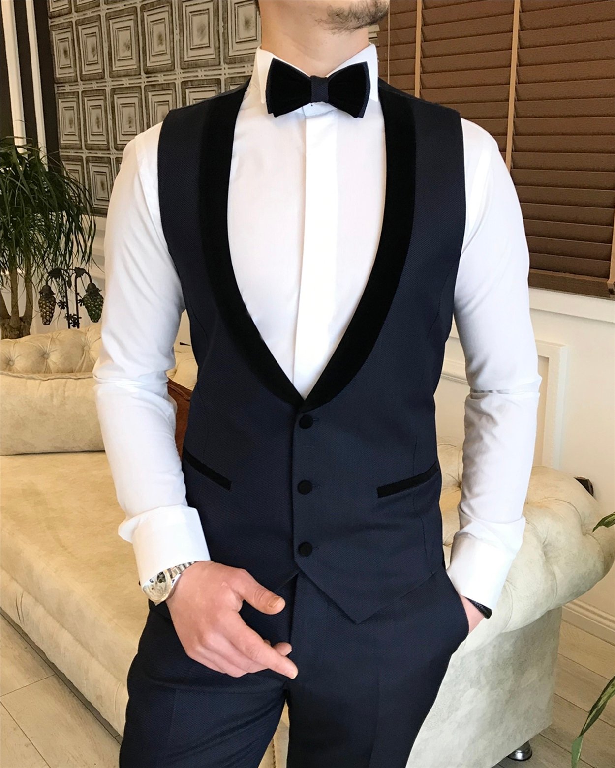 İtalyan kesim ceket yelek pantolon armürlü damatlık set Lacivert T4548