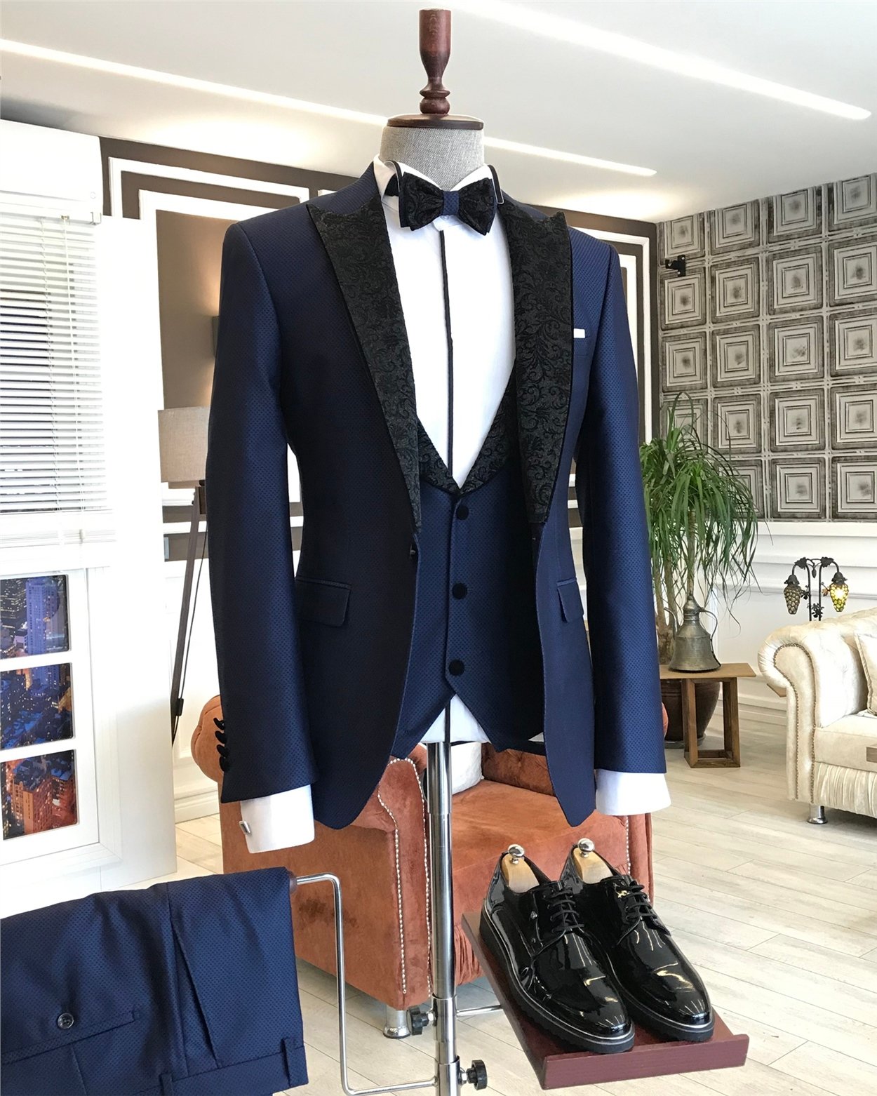 İtalyan kesim ceket yelek pantolon armürlü damatlık set Lacivert T4858