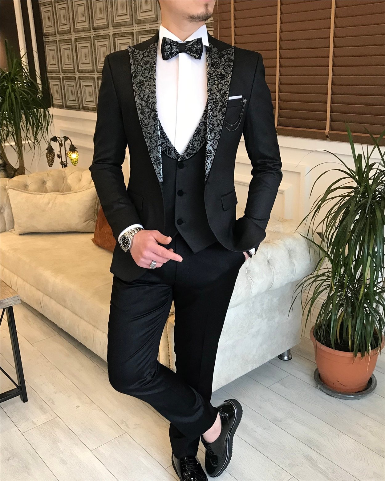 İtalyan kesim ceket yelek pantolon armürlü damatlık Siyah T4856