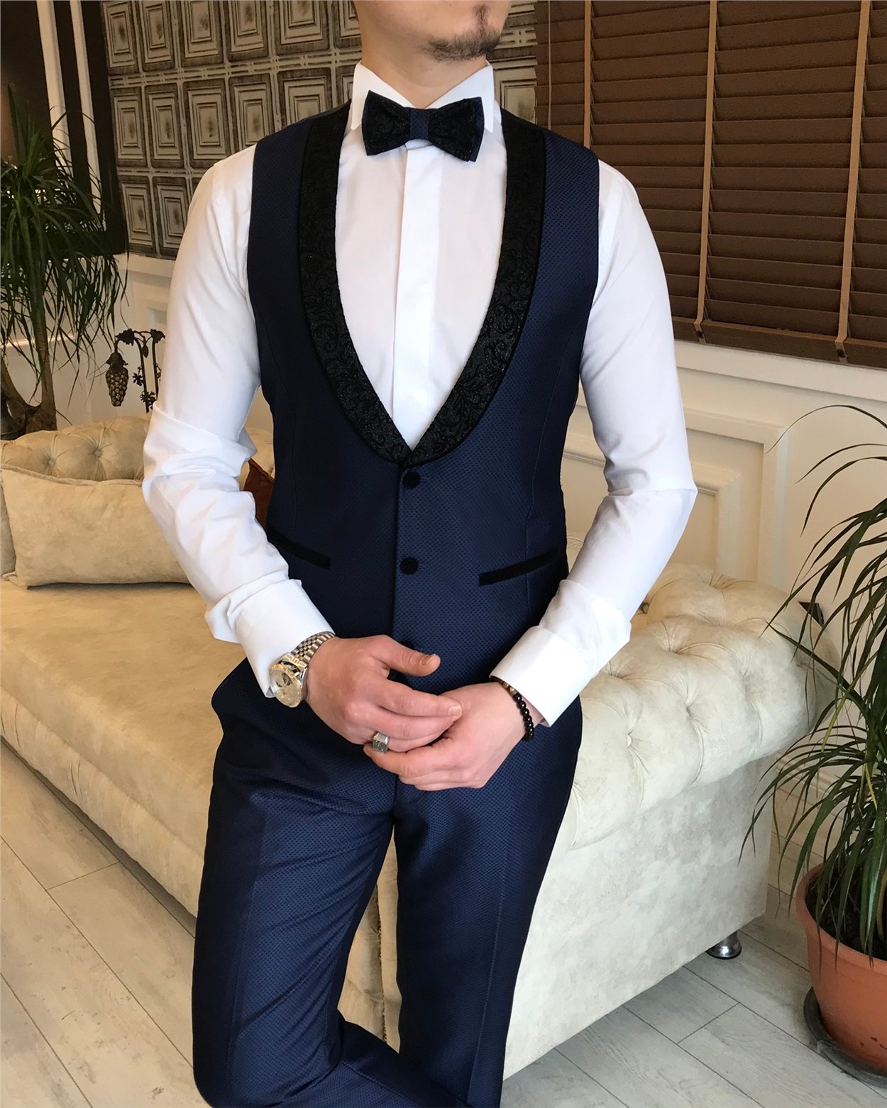 İtalyan kesim ceket yelek pantolon armürlü damatlık set Lacivert T4858