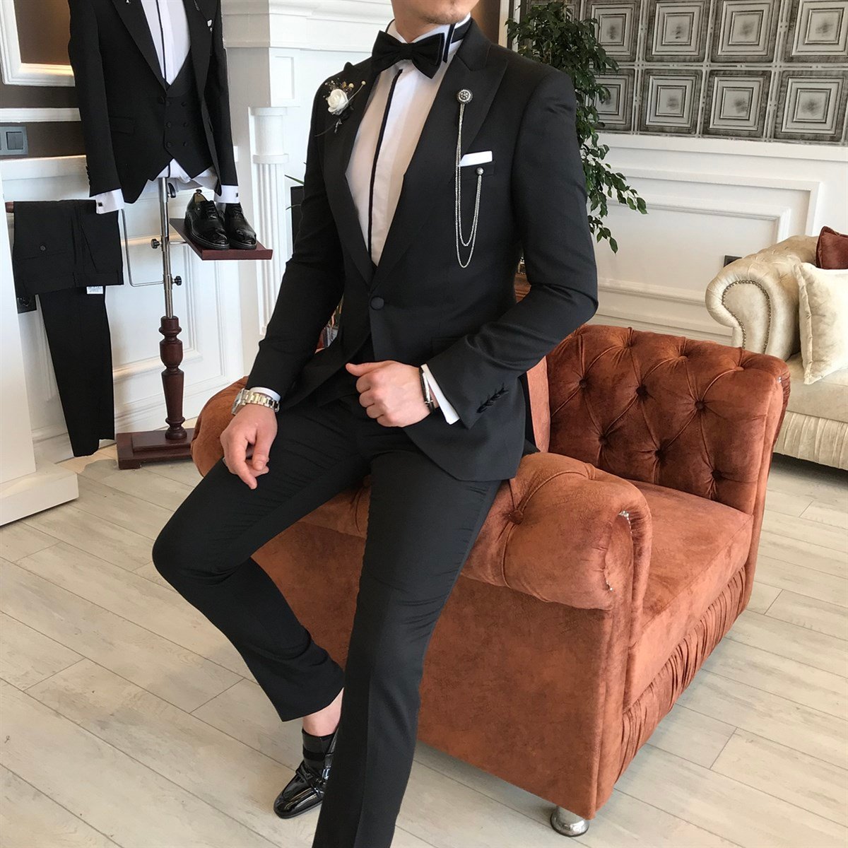 İtalyan kesim ceket yelek pantolon battal damatlık set Siyah T6317