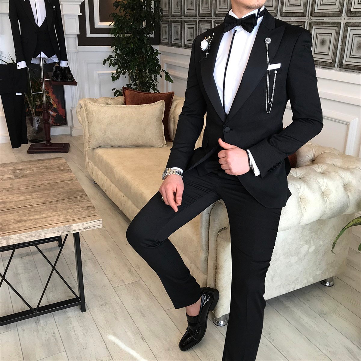 İtalyan kesim ceket yelek pantolon battal damatlık set Siyah T6317