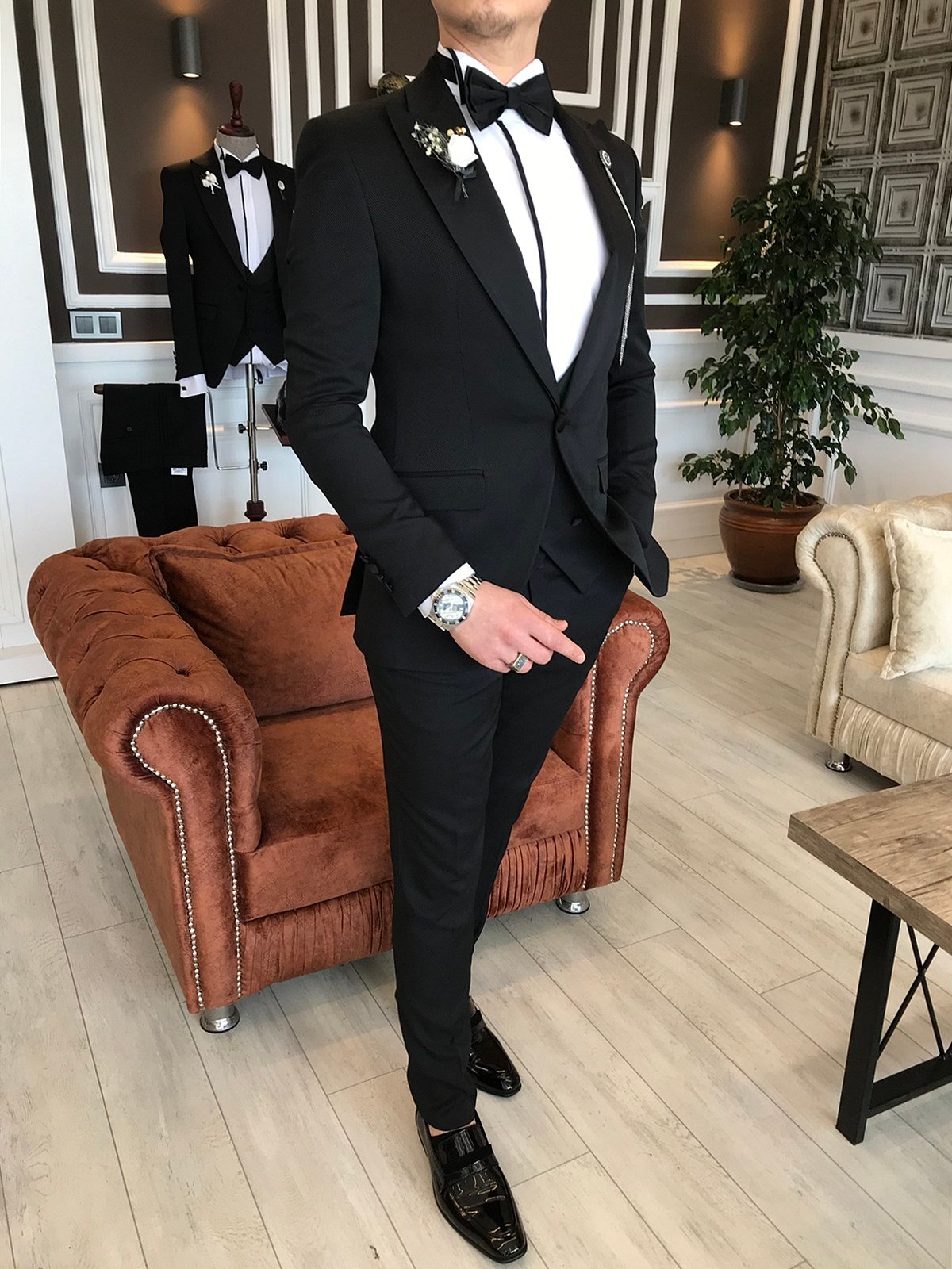 İtalyan kesim ceket yelek pantolon battal damatlık set Siyah T6317