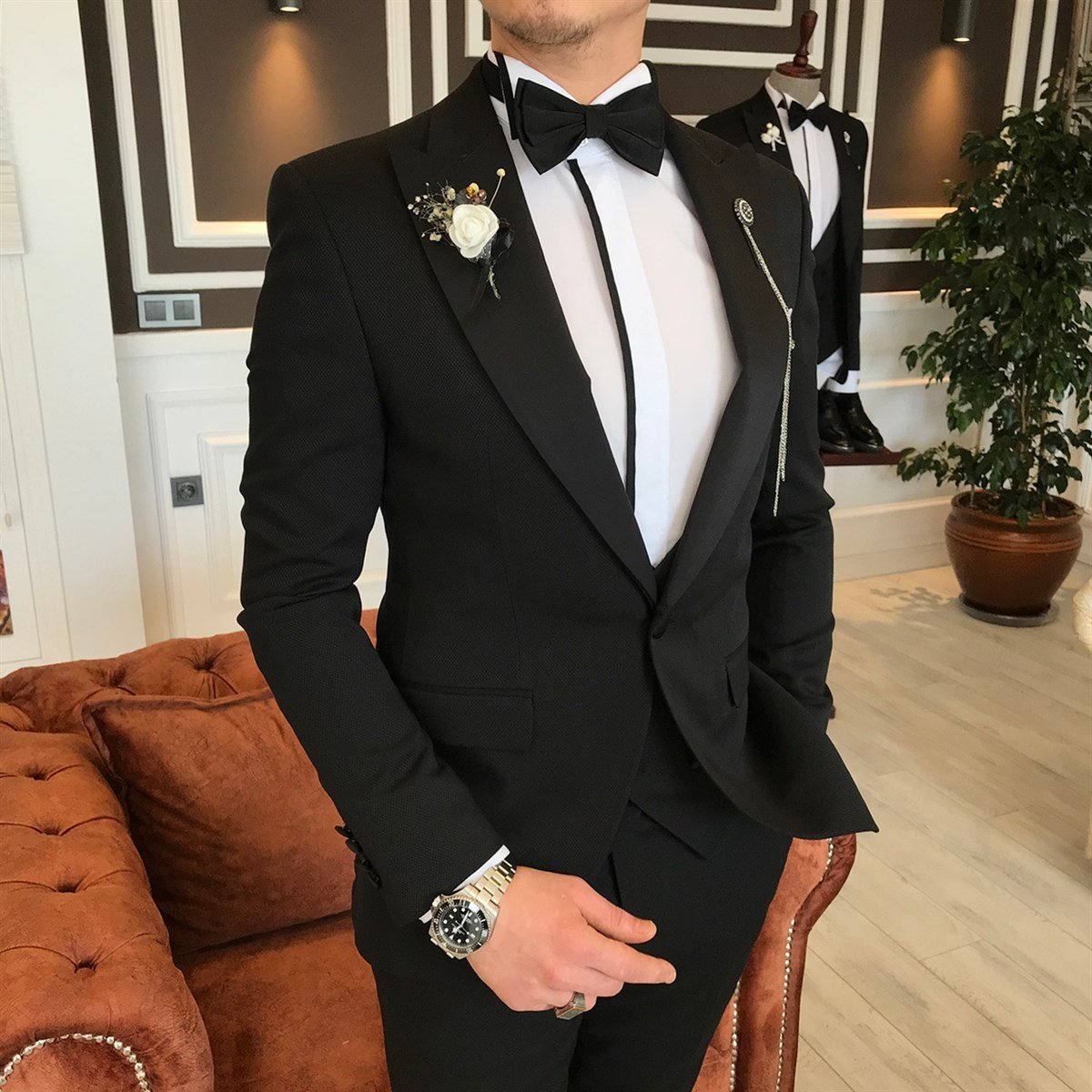 İtalyan kesim ceket yelek pantolon battal damatlık set Siyah T6317