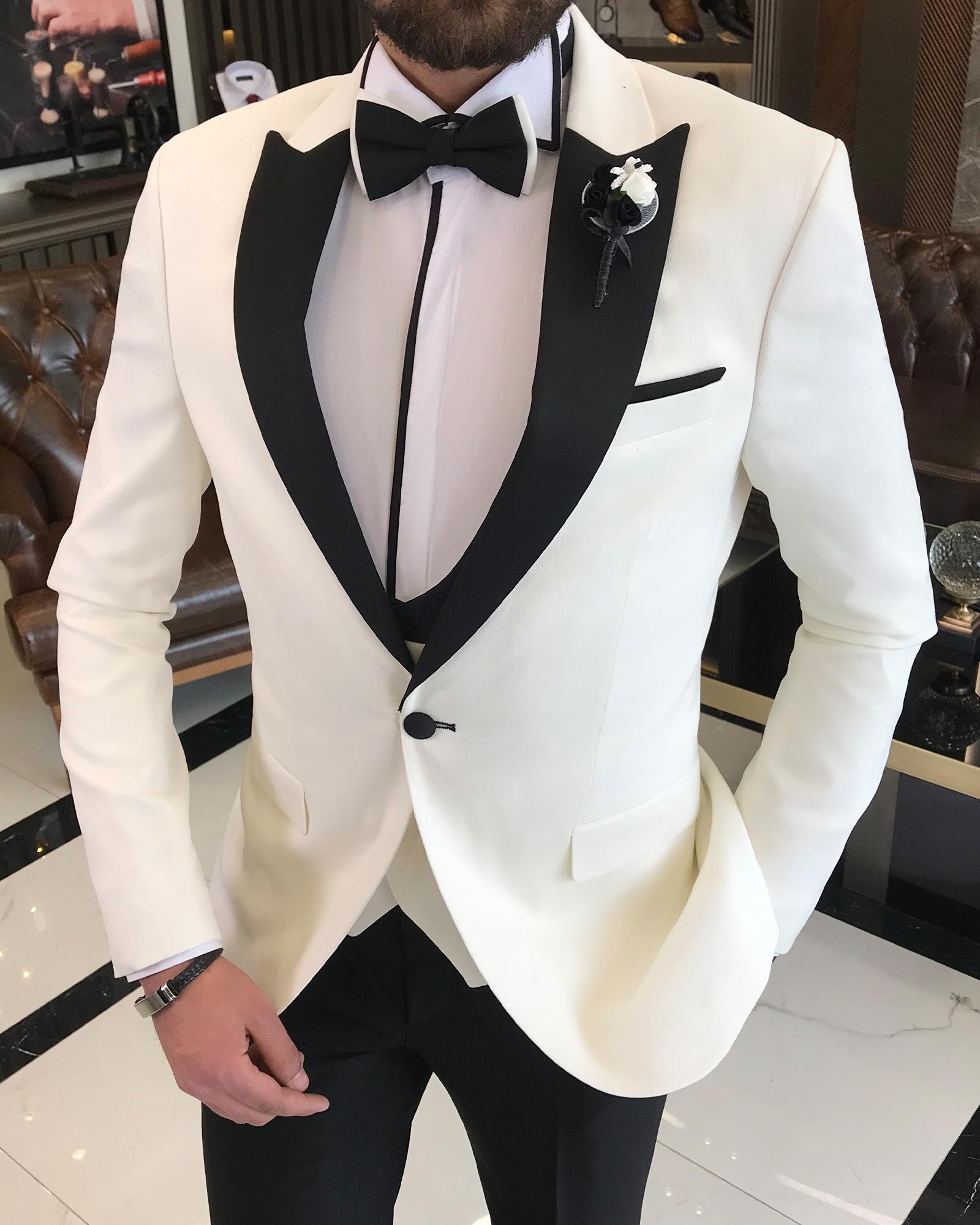 İtalyan kesim ceket yelek pantolon beyaz damatlık set T3457