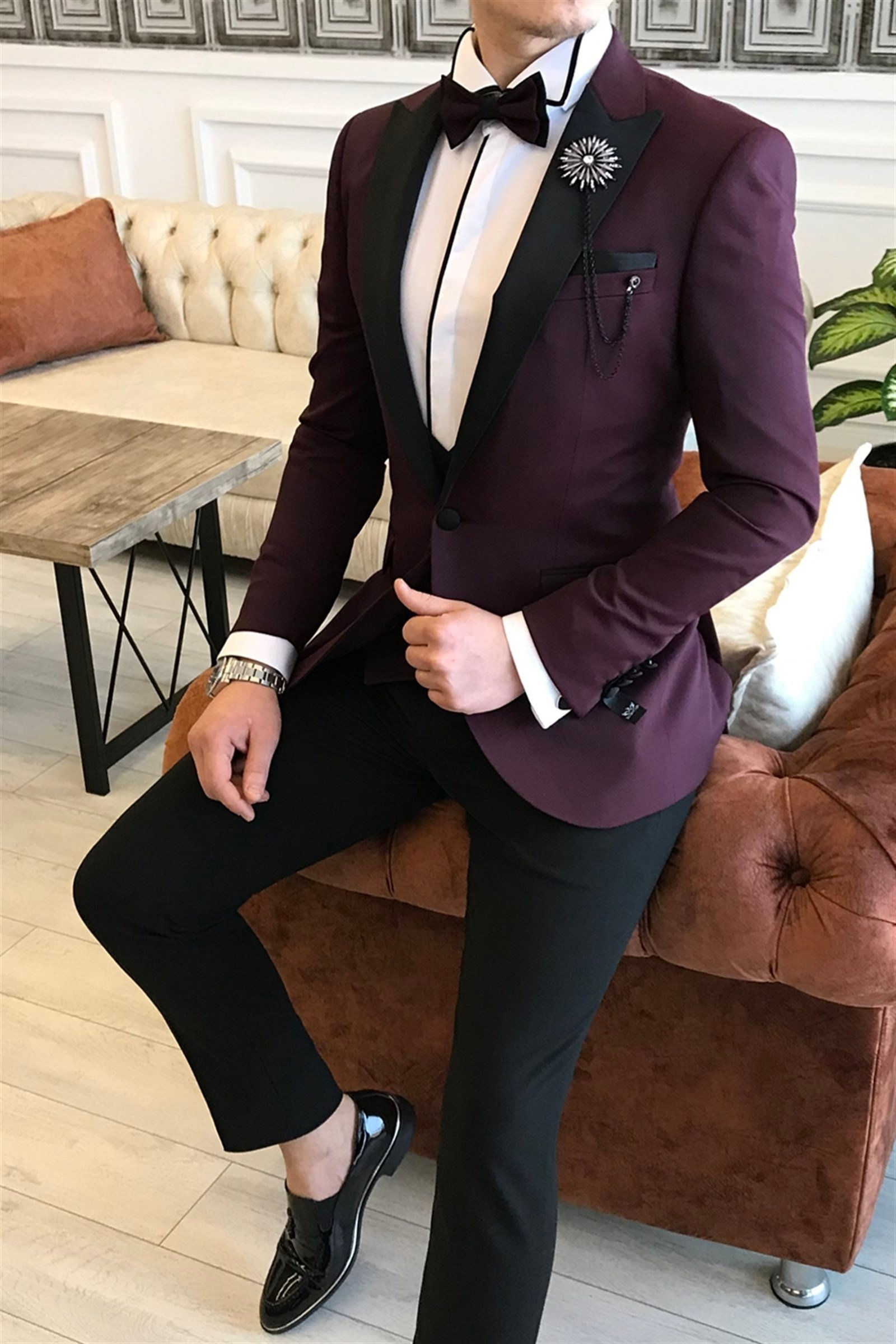 İtalyan kesim ceket yelek pantolon bordo damatlık set T3462