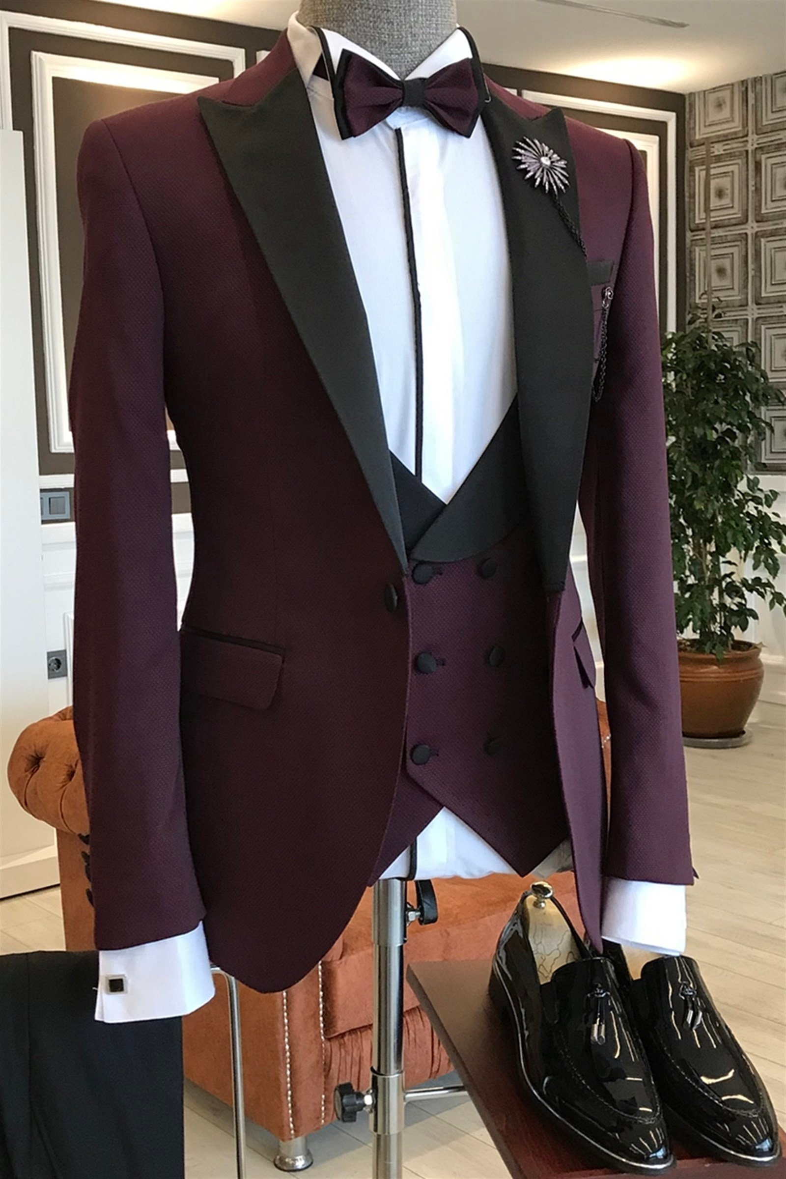 İtalyan kesim ceket yelek pantolon bordo damatlık set T3462