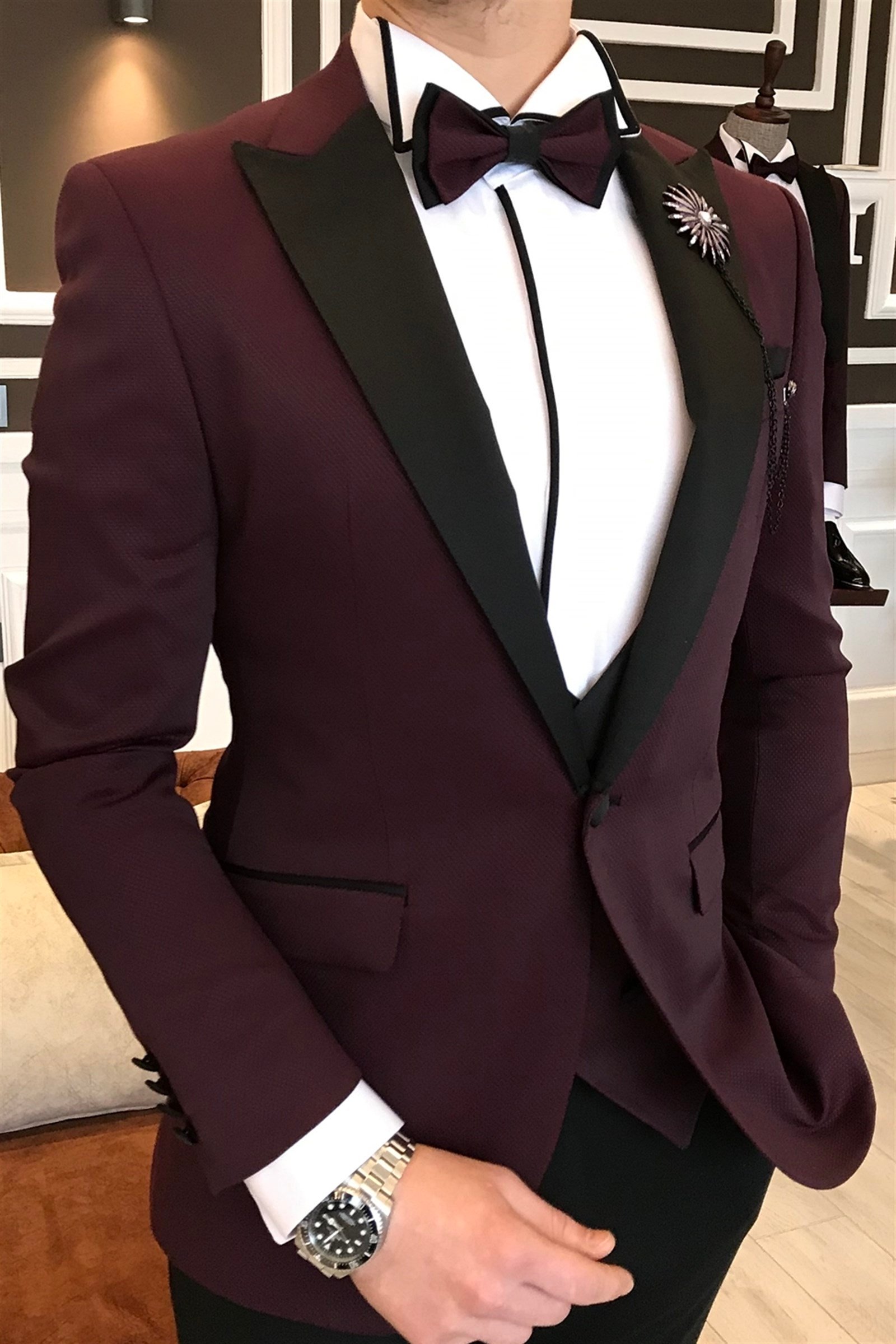İtalyan kesim ceket yelek pantolon bordo damatlık set T3462