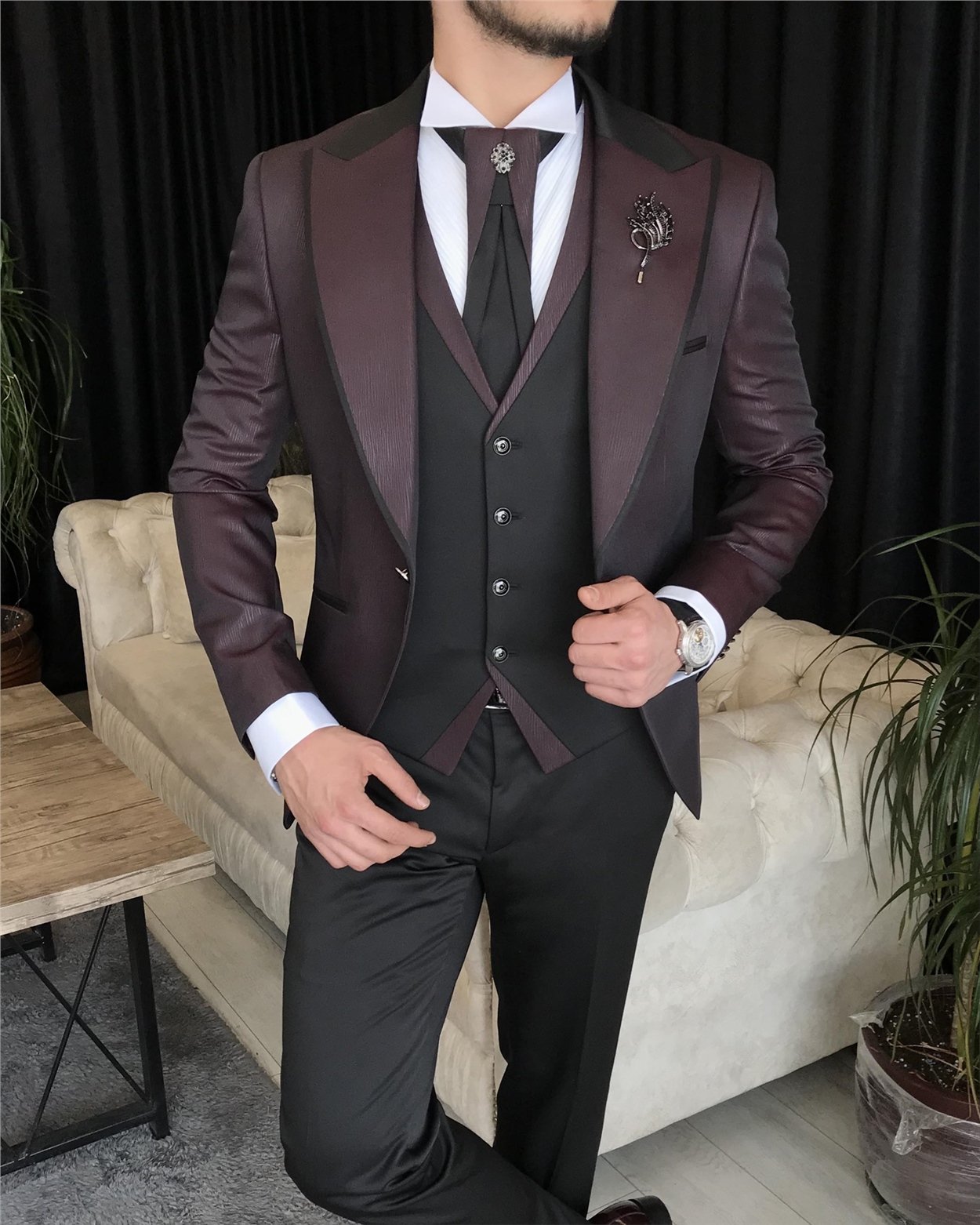 İtalyan kesim ceket yelek pantolon damatlık set Bordo T7296