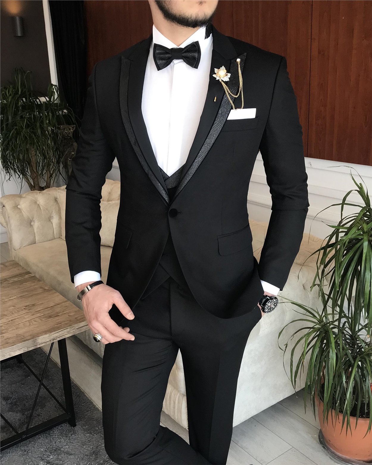 İtalyan kesim ceket yelek pantolon damatlık set Siyah T7163