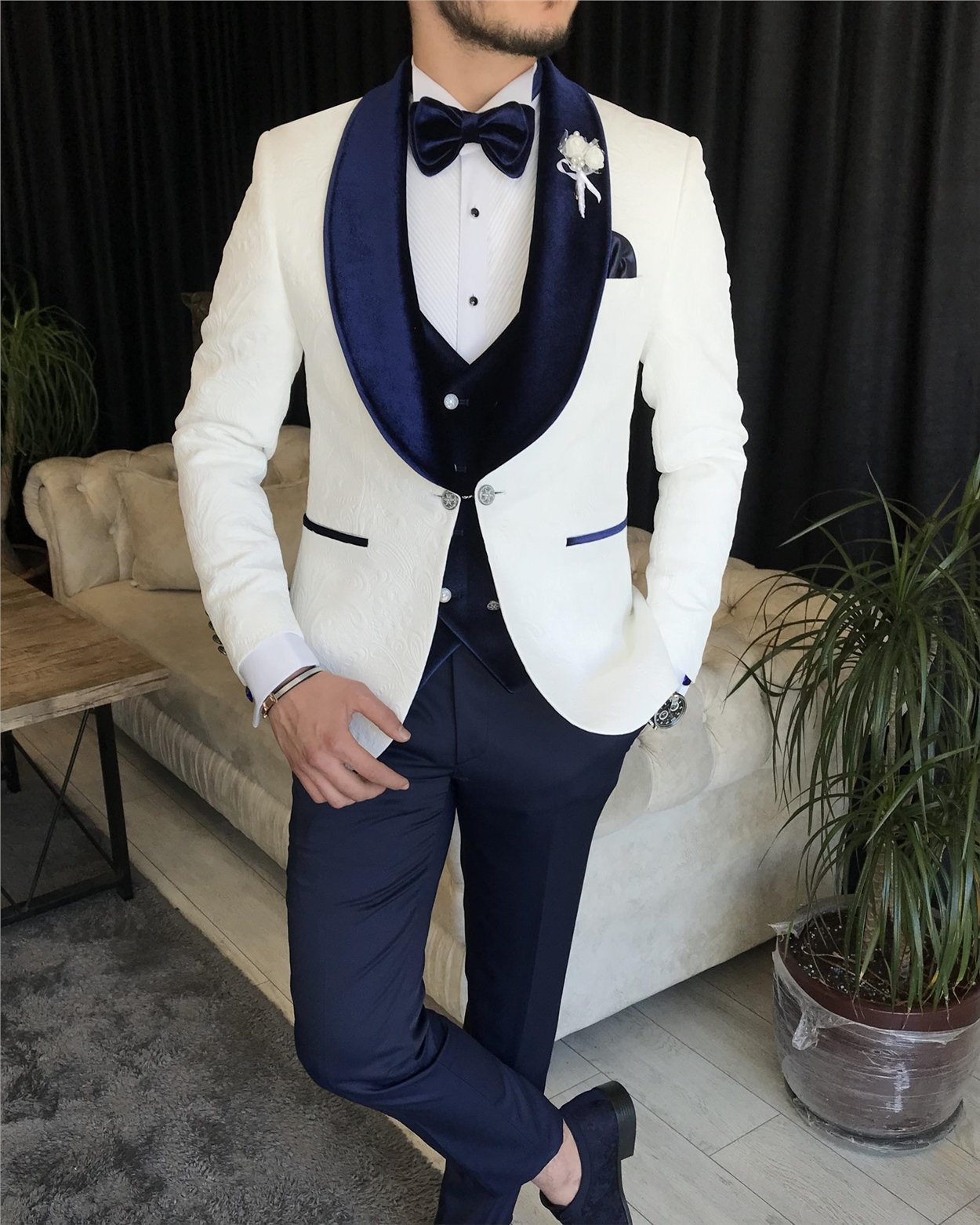 İtalyan kesim ceket yelek pantolon damatlık set Beyaz T7317