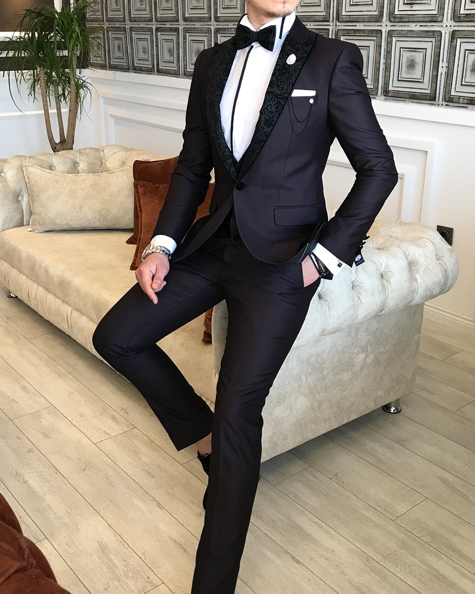 İtalyan kesim ceket yelek pantolon damatlık set Bordo T4857