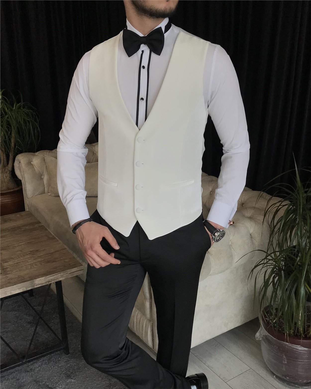 İtalyan kesim ceket yelek pantolon damatlık set Beyaz T7315