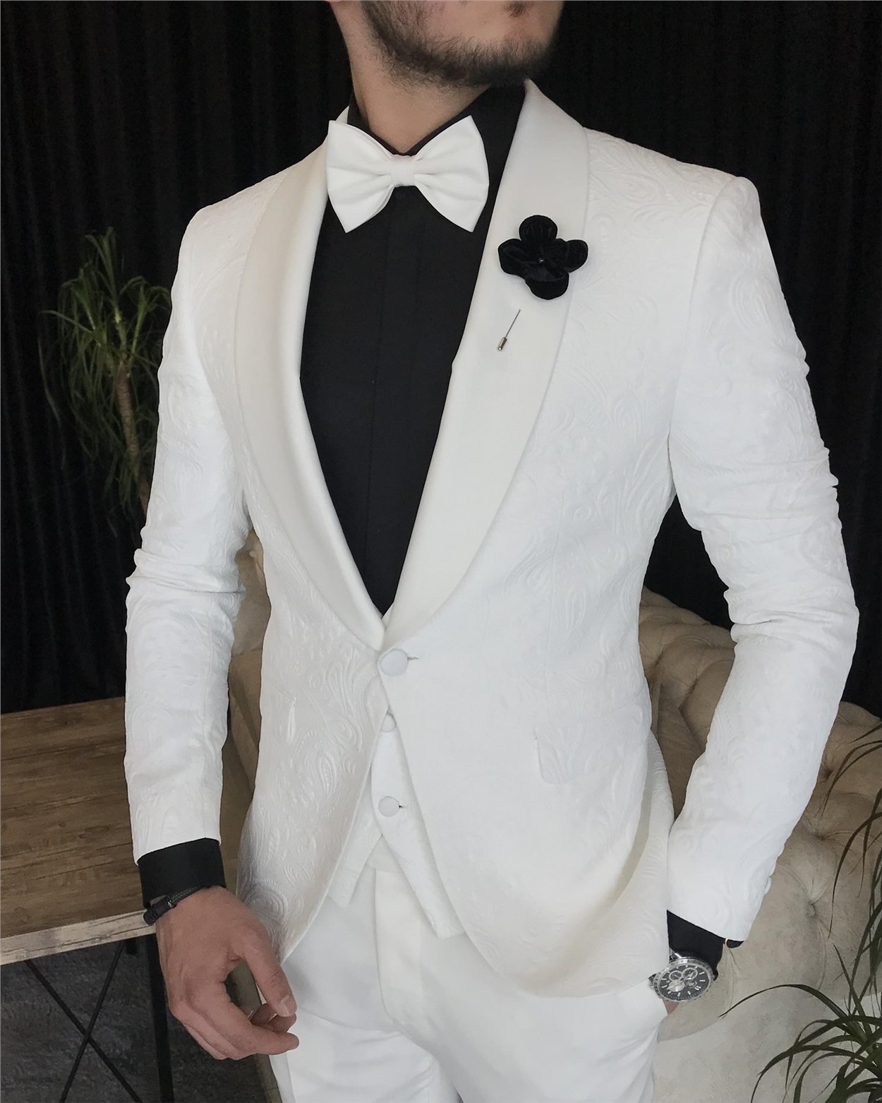 İtalyan kesim ceket yelek pantolon damatlık set Beyaz T7316