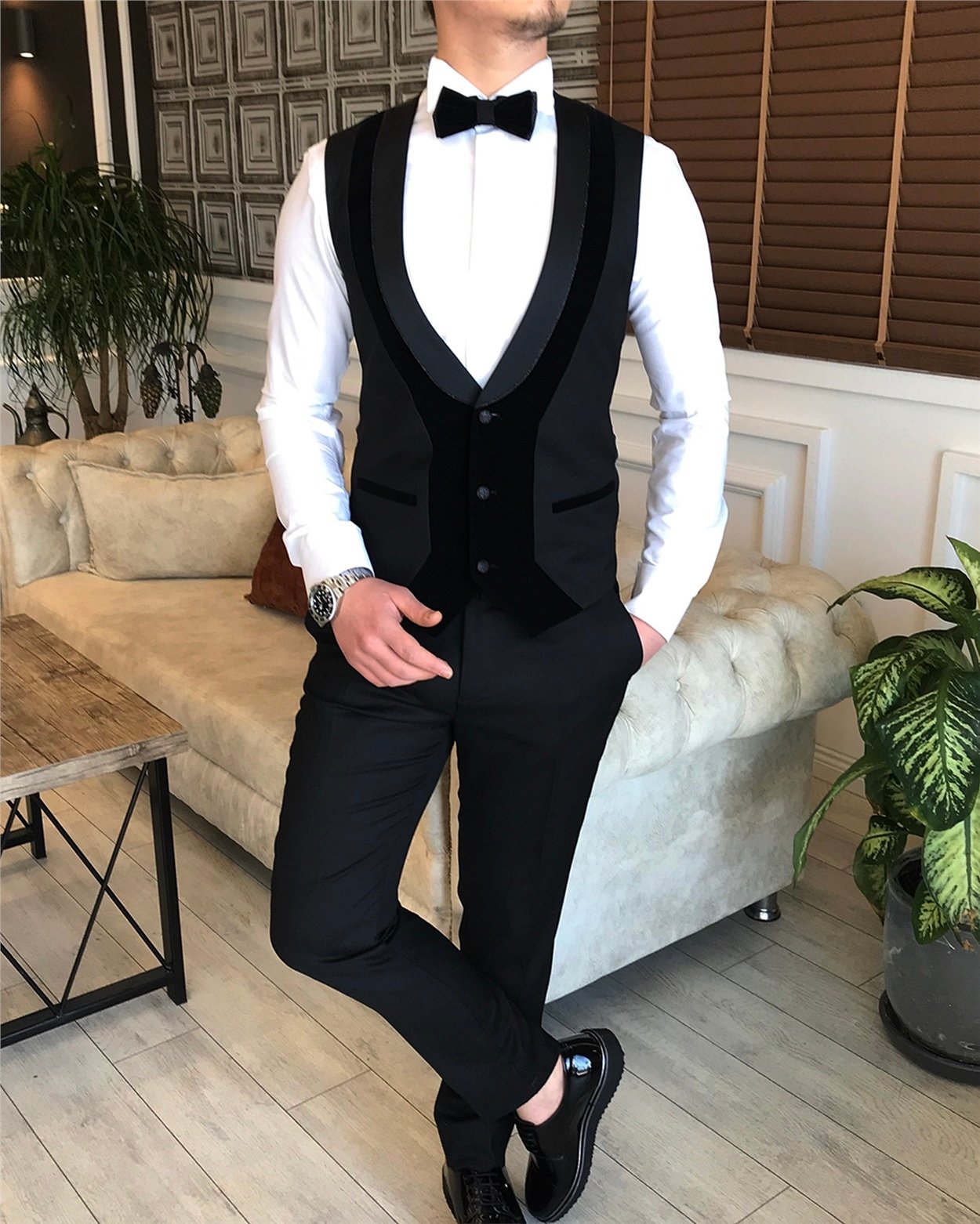 İtalyan kesim ceket yelek pantolon damatlık set Siyah T5843