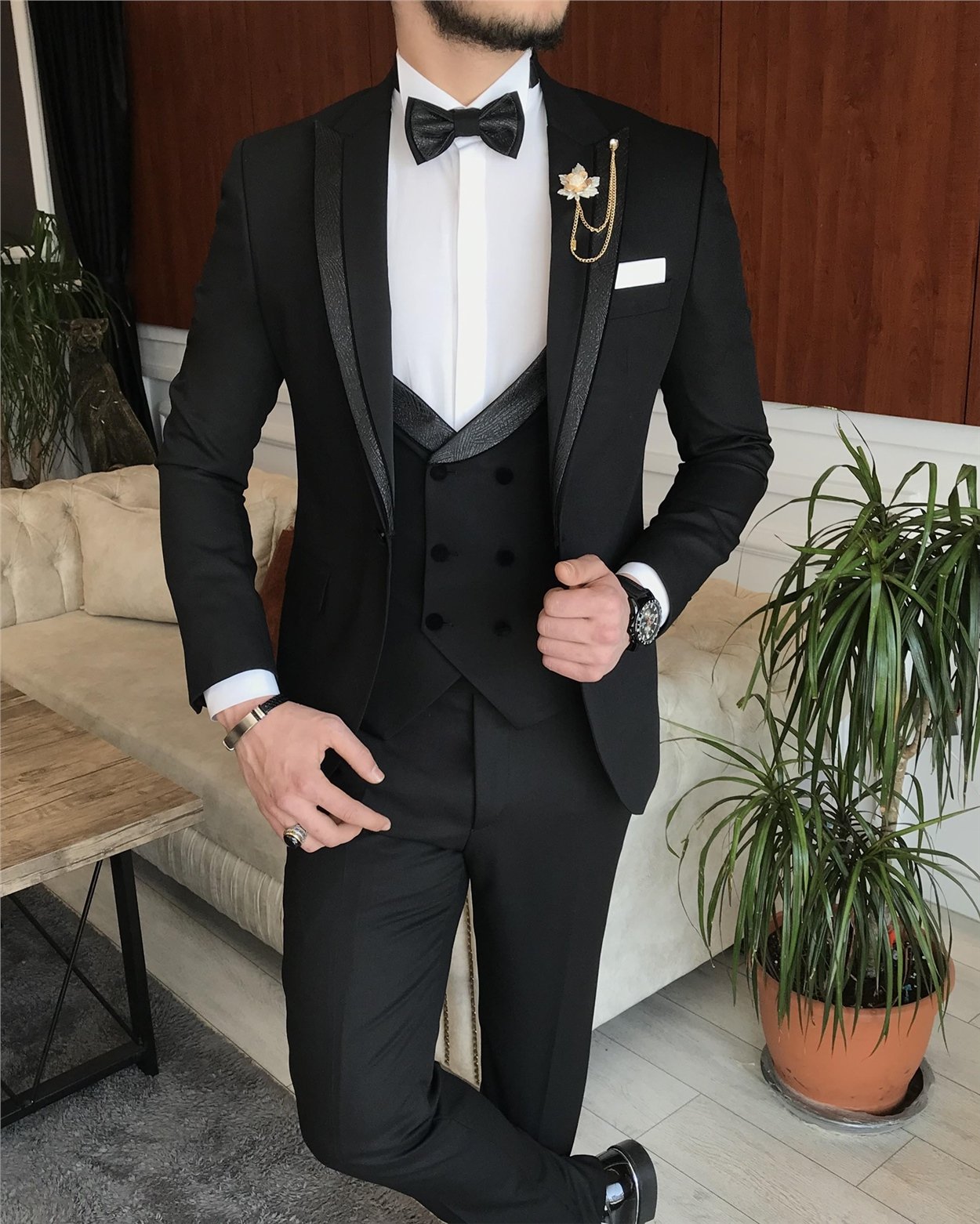 İtalyan kesim ceket yelek pantolon damatlık set Siyah T7163