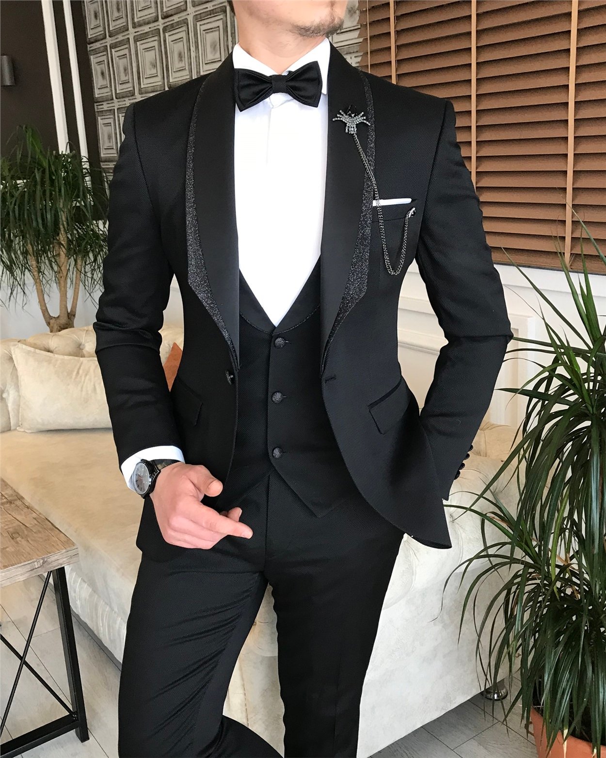 İtalyan kesim ceket yelek pantolon damatlık set Siyah T4889