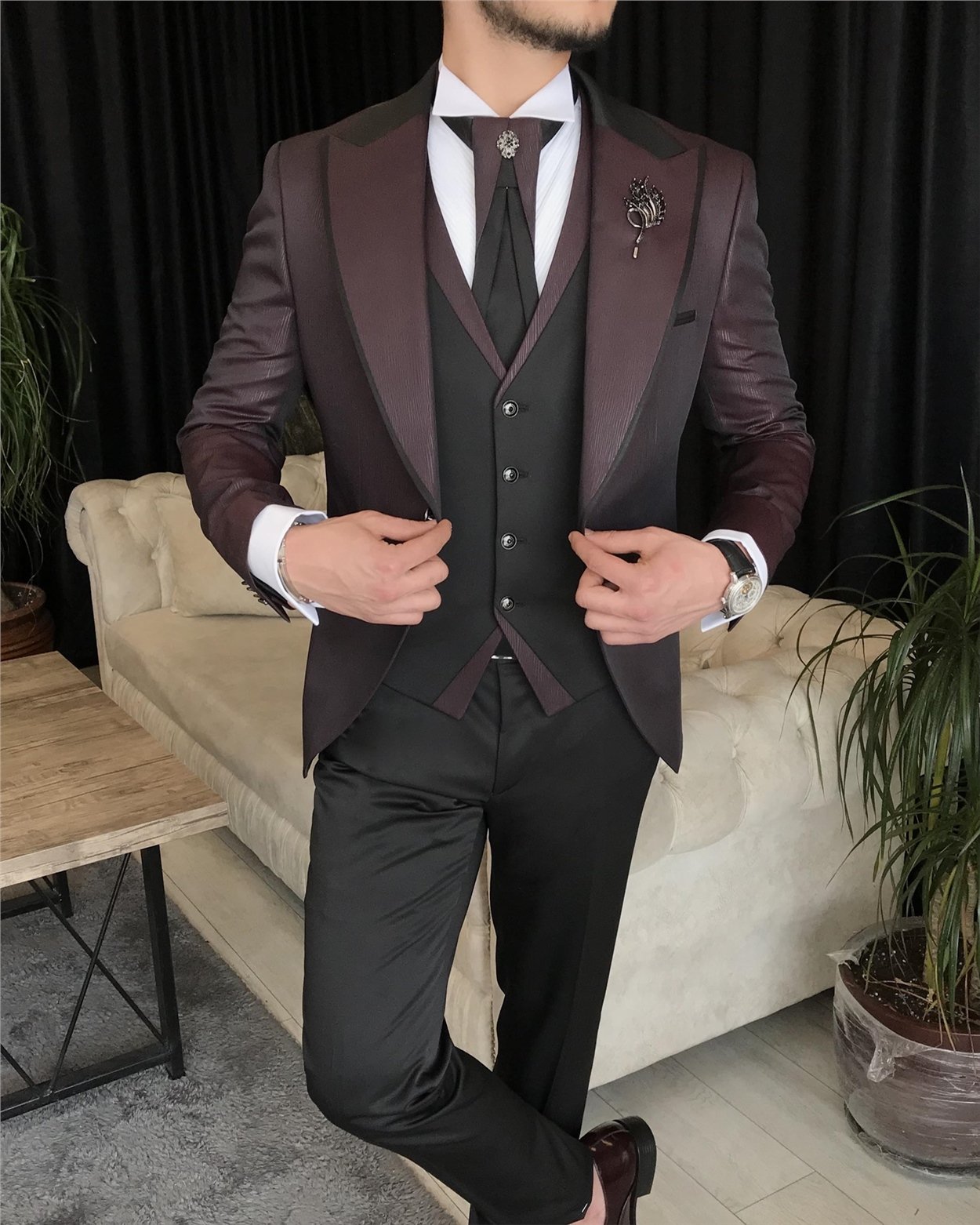 İtalyan kesim ceket yelek pantolon damatlık set Bordo T7296
