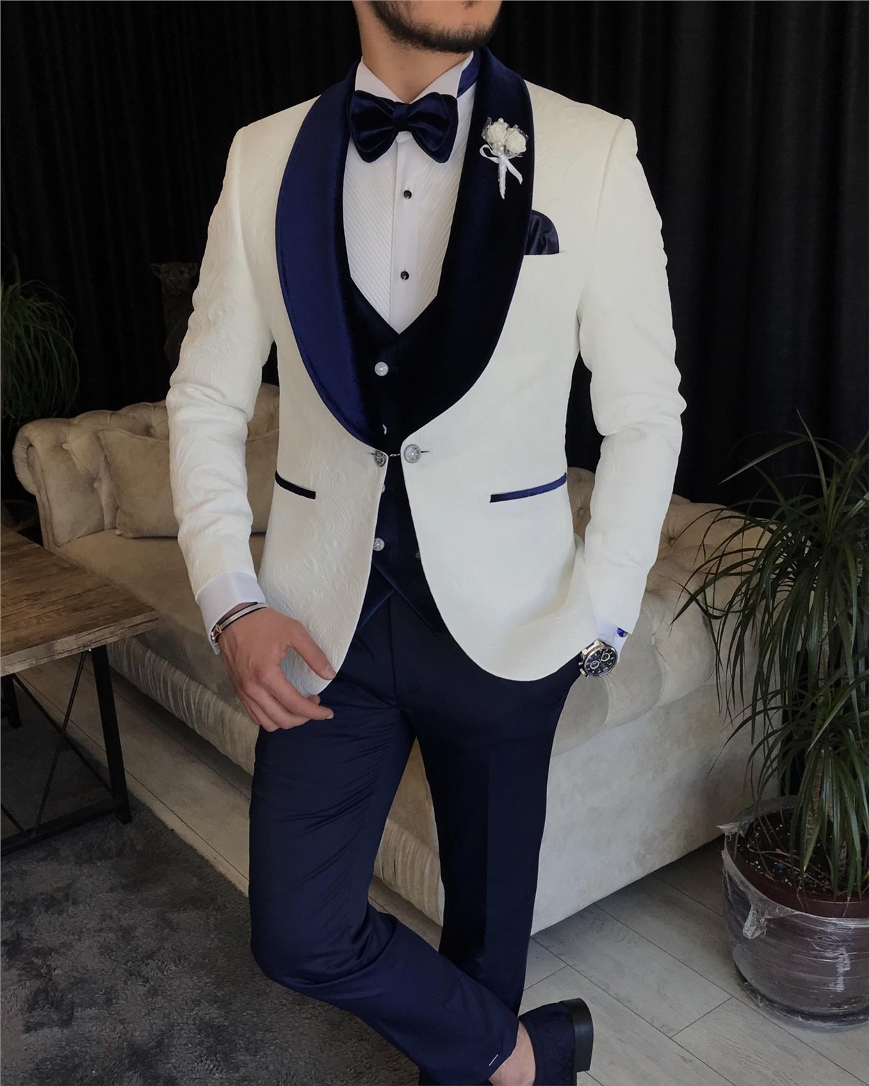 İtalyan kesim ceket yelek pantolon damatlık set Beyaz T7317