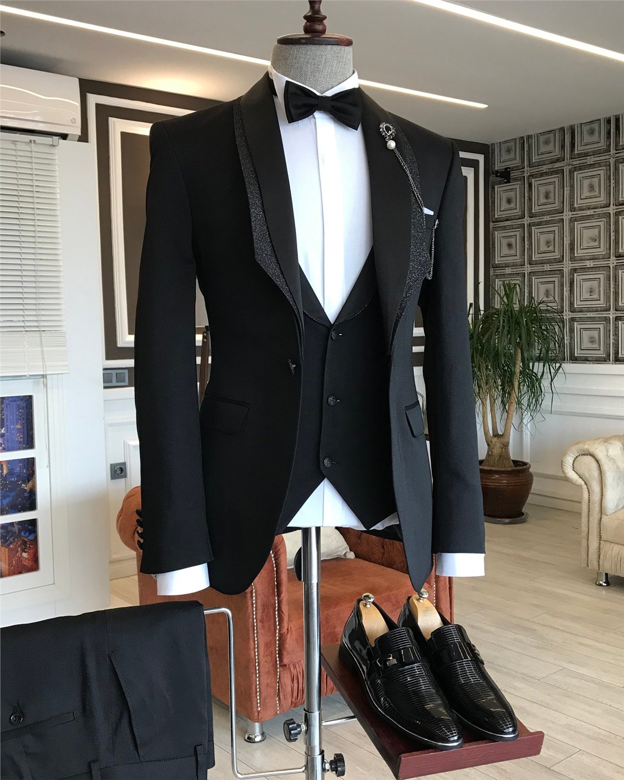 İtalyan kesim ceket yelek pantolon damatlık set Siyah T4889