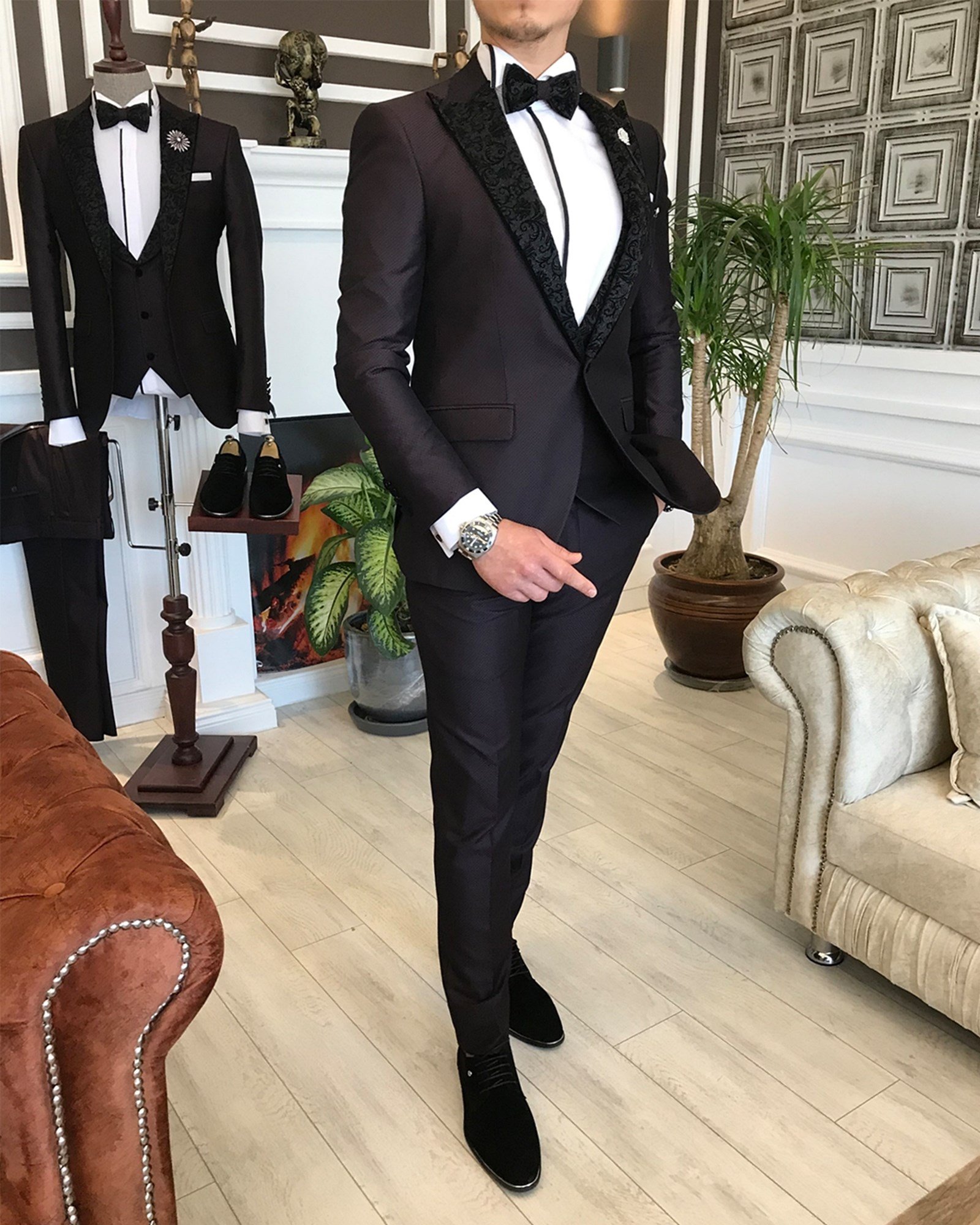 İtalyan kesim ceket yelek pantolon damatlık set Bordo T4857