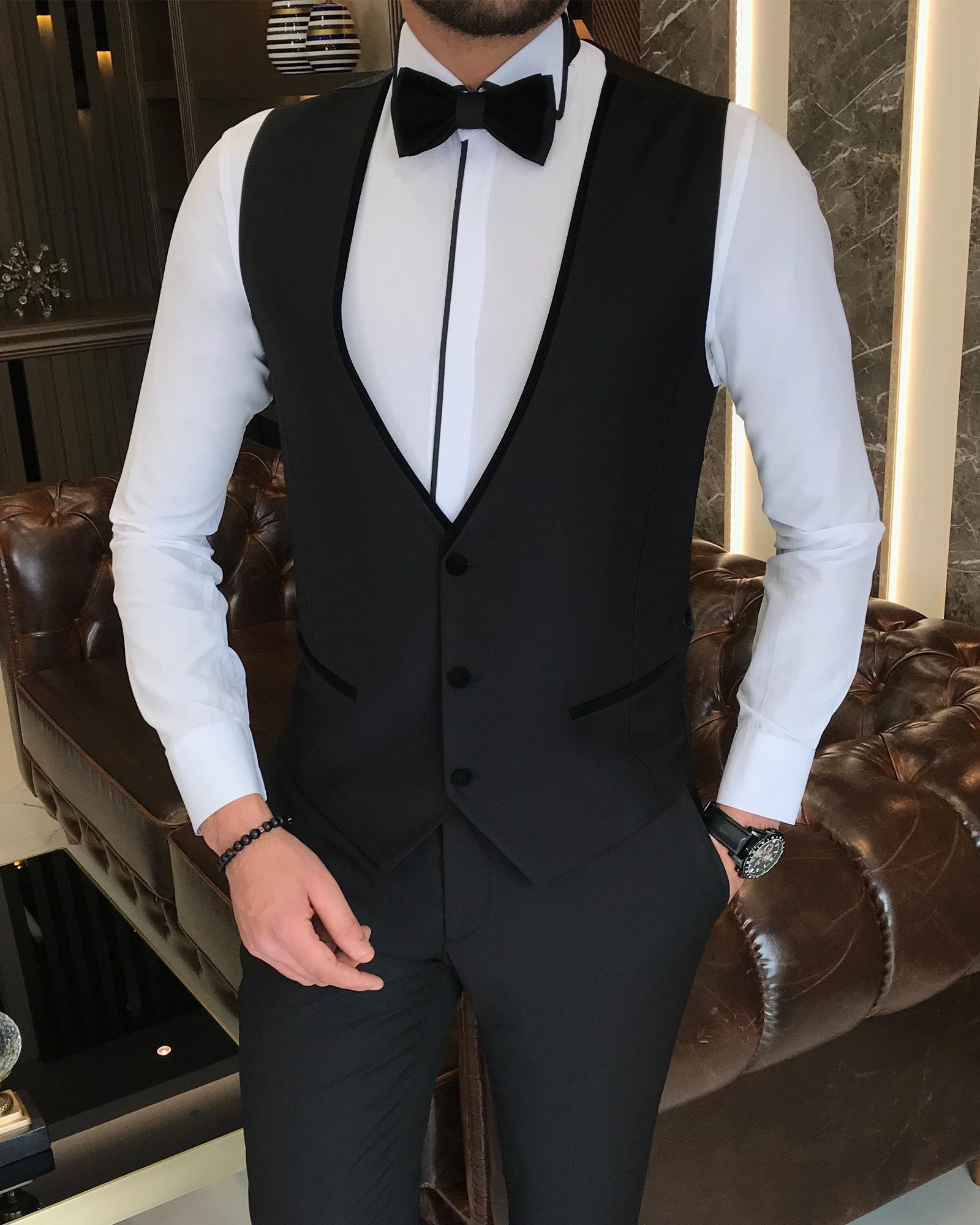 İtalyan kesim ceket yelek pantolon damatlık set Siyah T7474