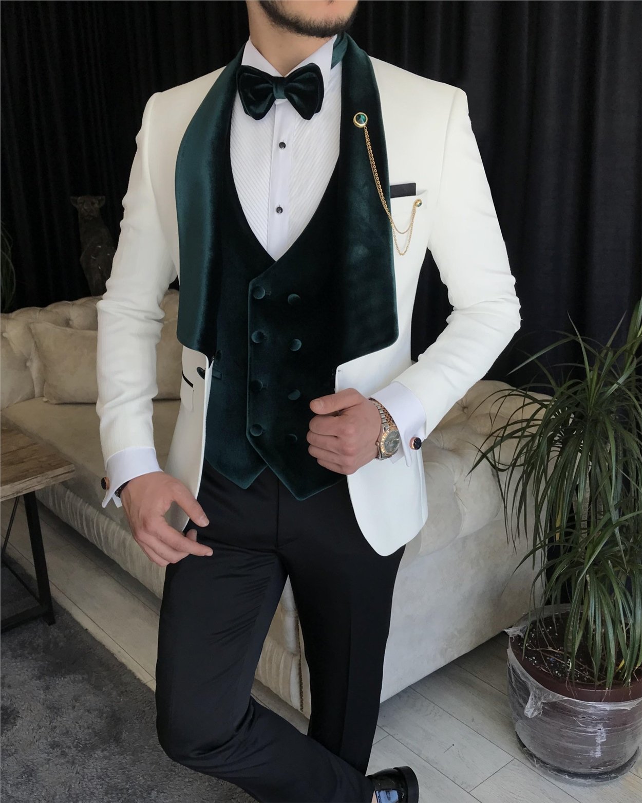 İtalyan kesim ceket yelek pantolon damatlık set Beyaz T7319