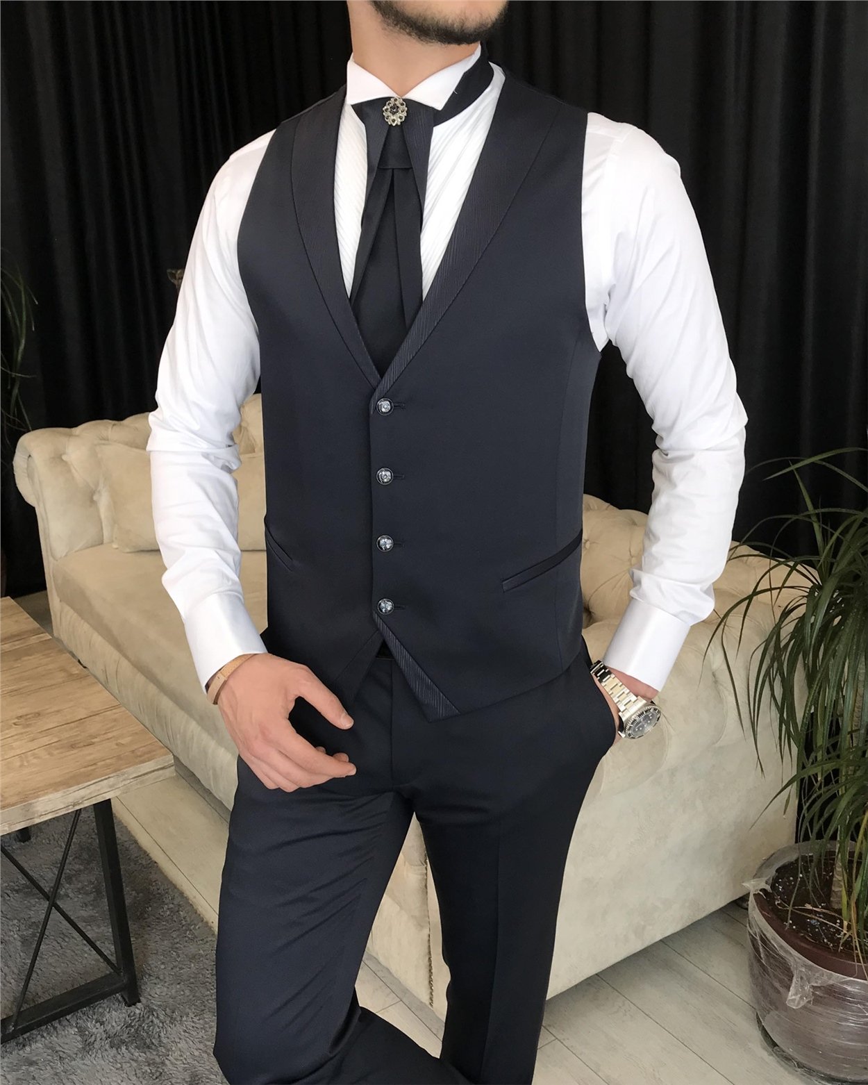 İtalyan kesim ceket yelek pantolon damatlık set Lacivert T7297