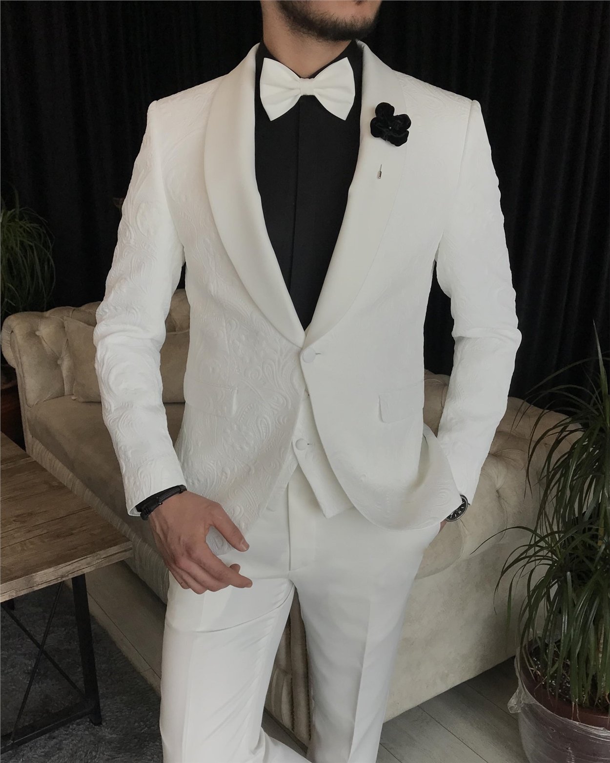 İtalyan kesim ceket yelek pantolon damatlık set Beyaz T7316