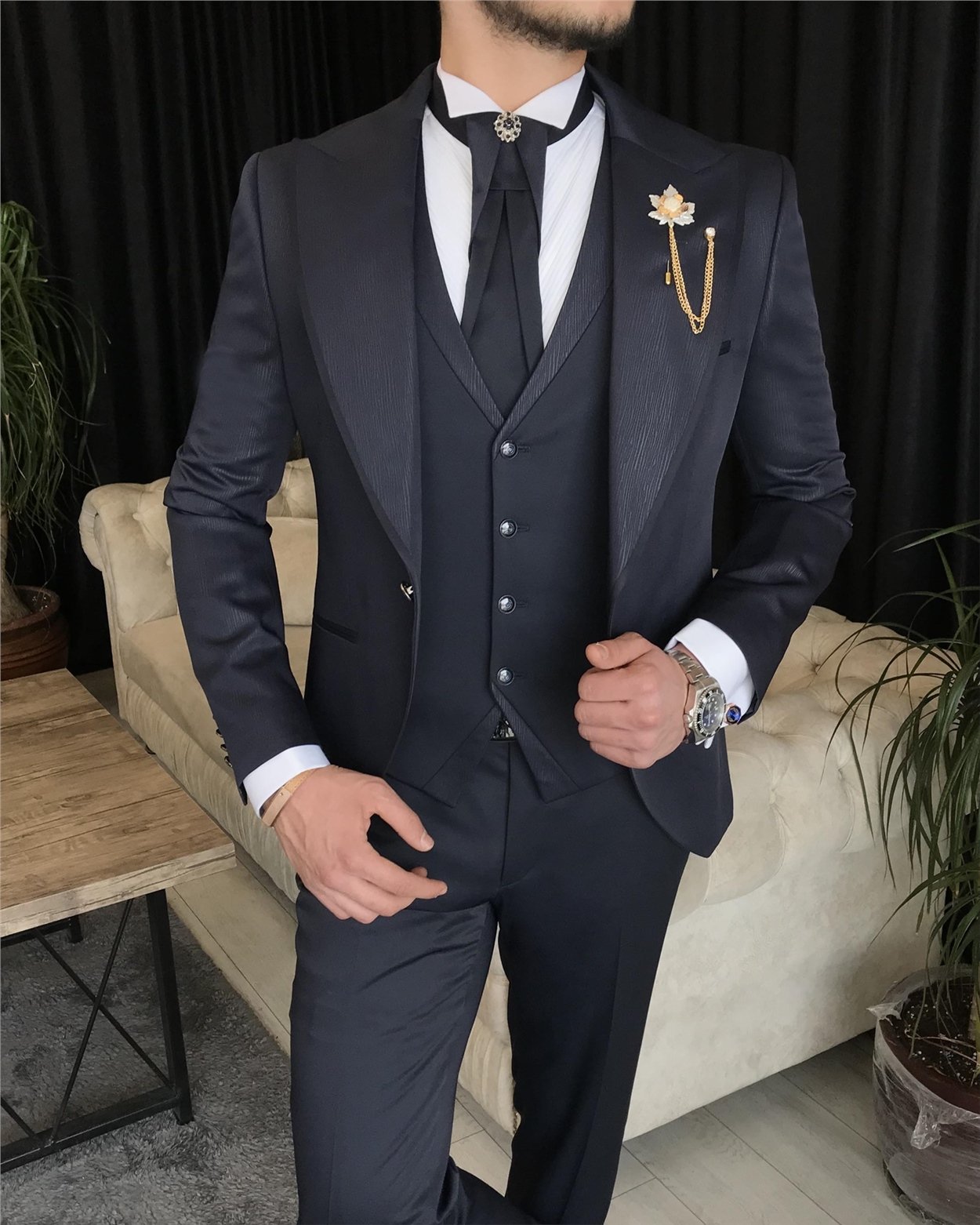 İtalyan kesim ceket yelek pantolon damatlık set Lacivert T7297