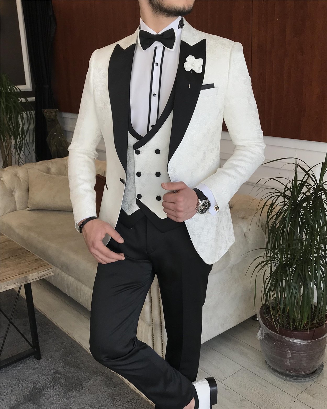 İtalyan kesim ceket yelek pantolon damatlık set Beyaz T7287