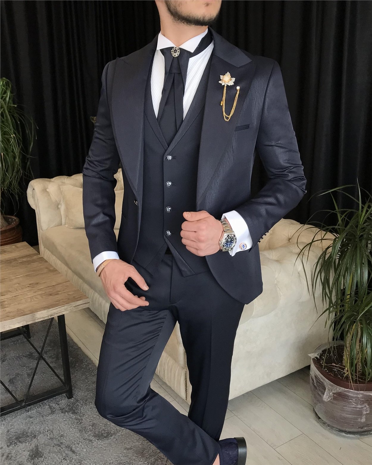 İtalyan kesim ceket yelek pantolon damatlık set Lacivert T7297