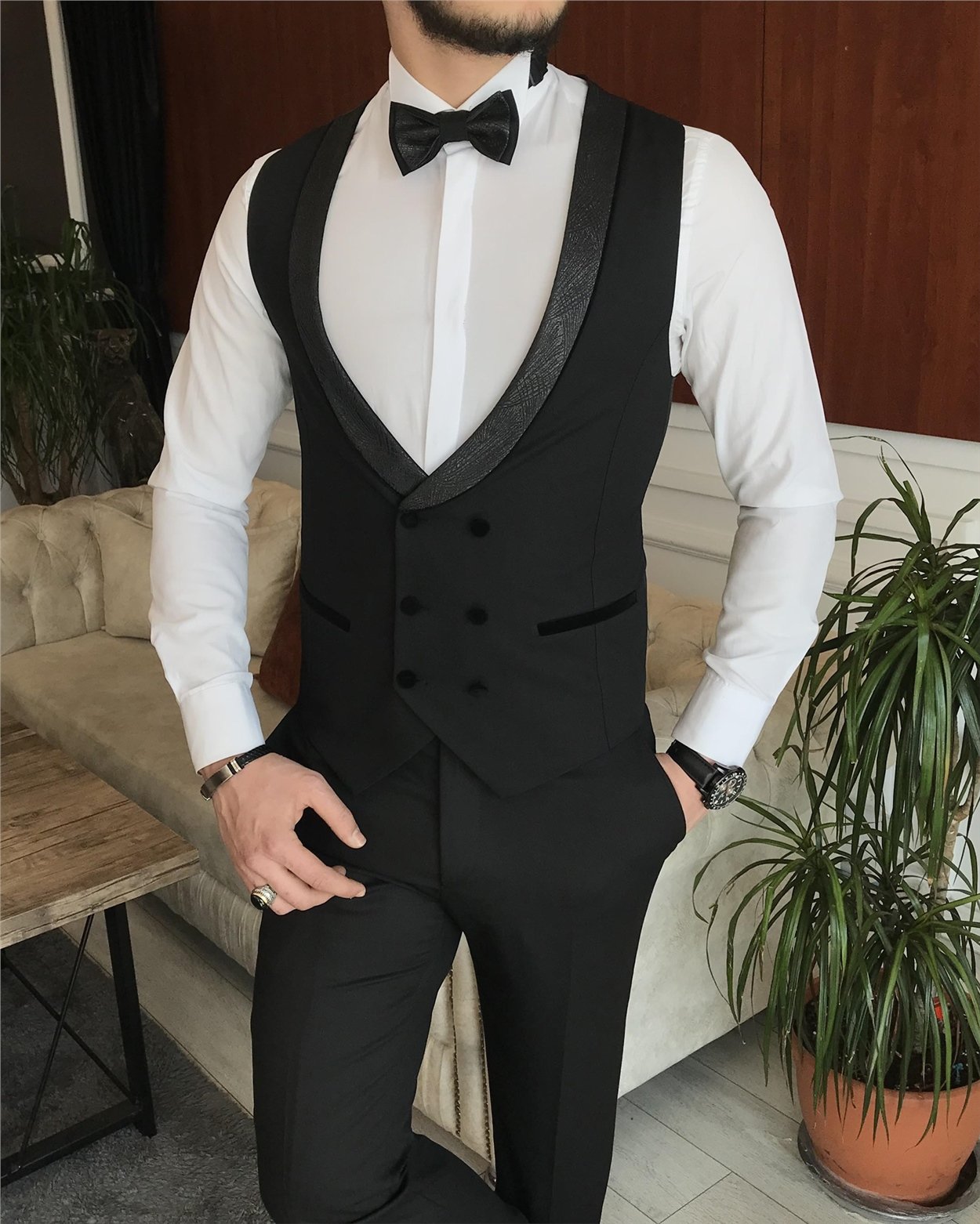 İtalyan kesim ceket yelek pantolon damatlık set Siyah T7163