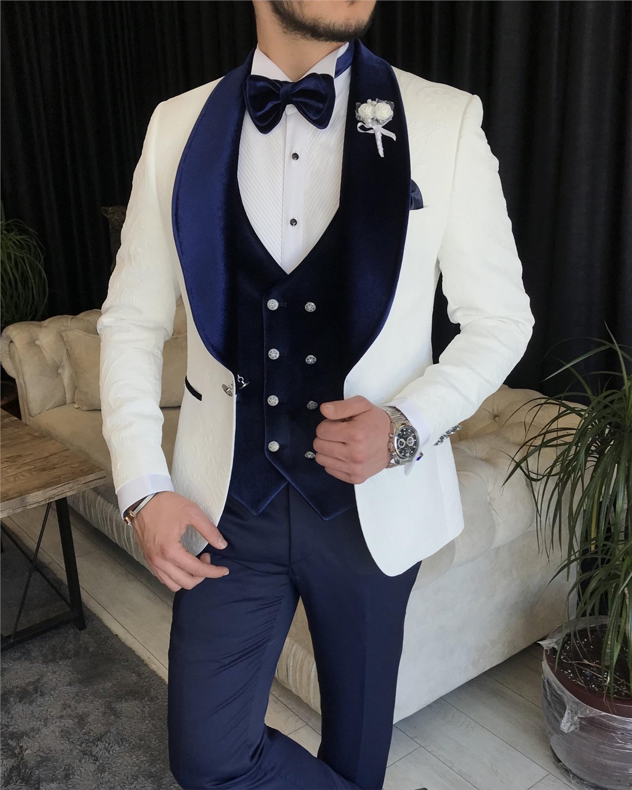 İtalyan kesim ceket yelek pantolon damatlık set Beyaz T7317